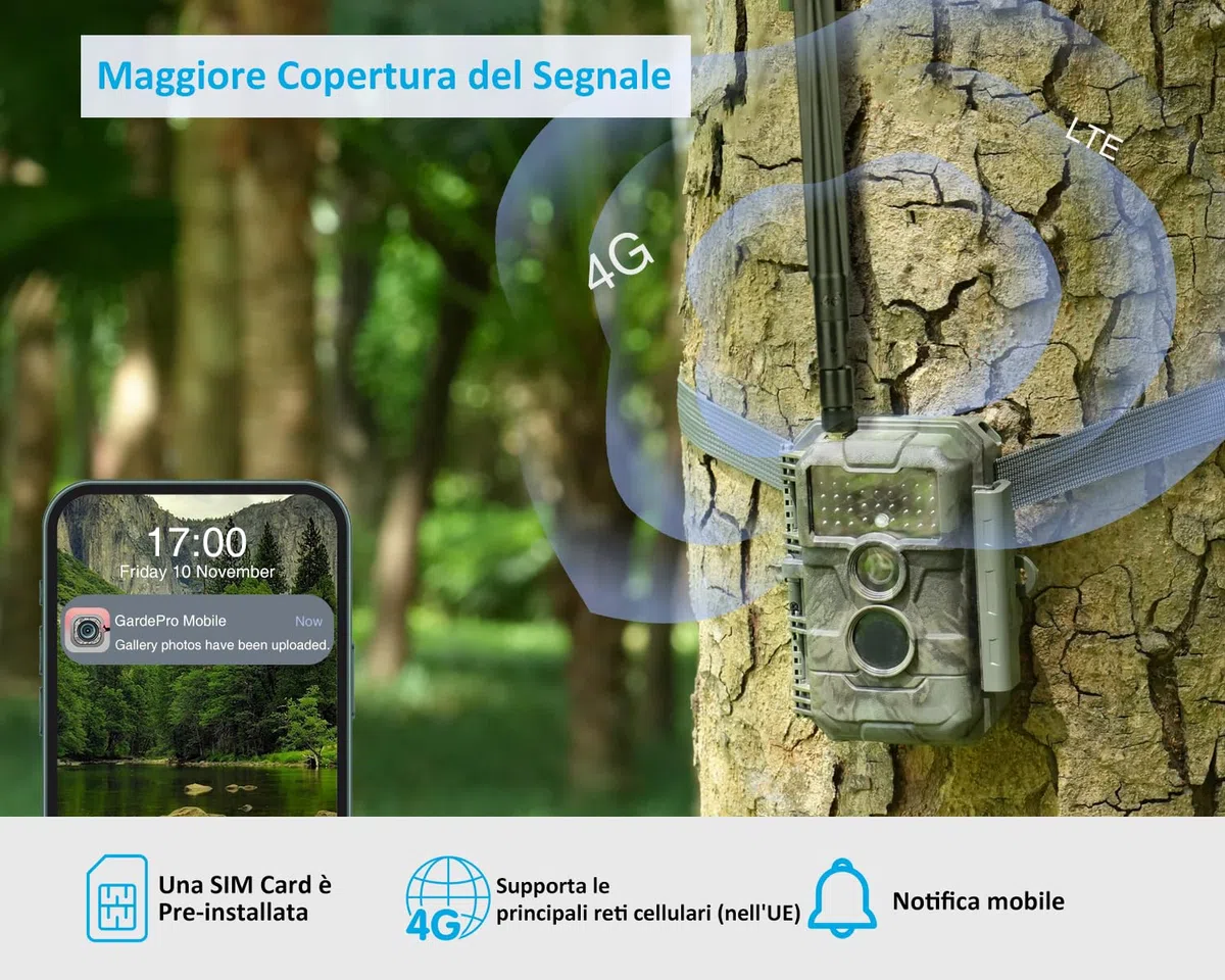 GardePro X20 Fotocamera da Caccia 4G LTE con scheda SIM e App, 48MP 1296P H.265 Vidéo, Fototrappola Infrarossi Invisibili 0,2s Tempo di Attivazione, No-Glow IR LEDs, IP66
