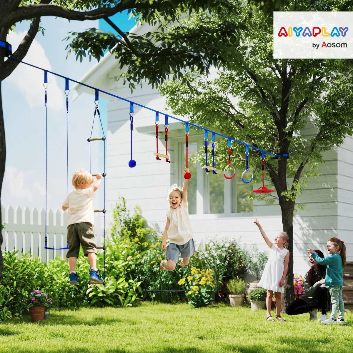 AIYAPLAY Ninja Line - Set Slackline per bambini, 10 m, con anelli da ginnastica, altalena, scaletta per arrampicate, protezione per alberi, aste da arrampicata, vassoio sospeso, set da gioco per