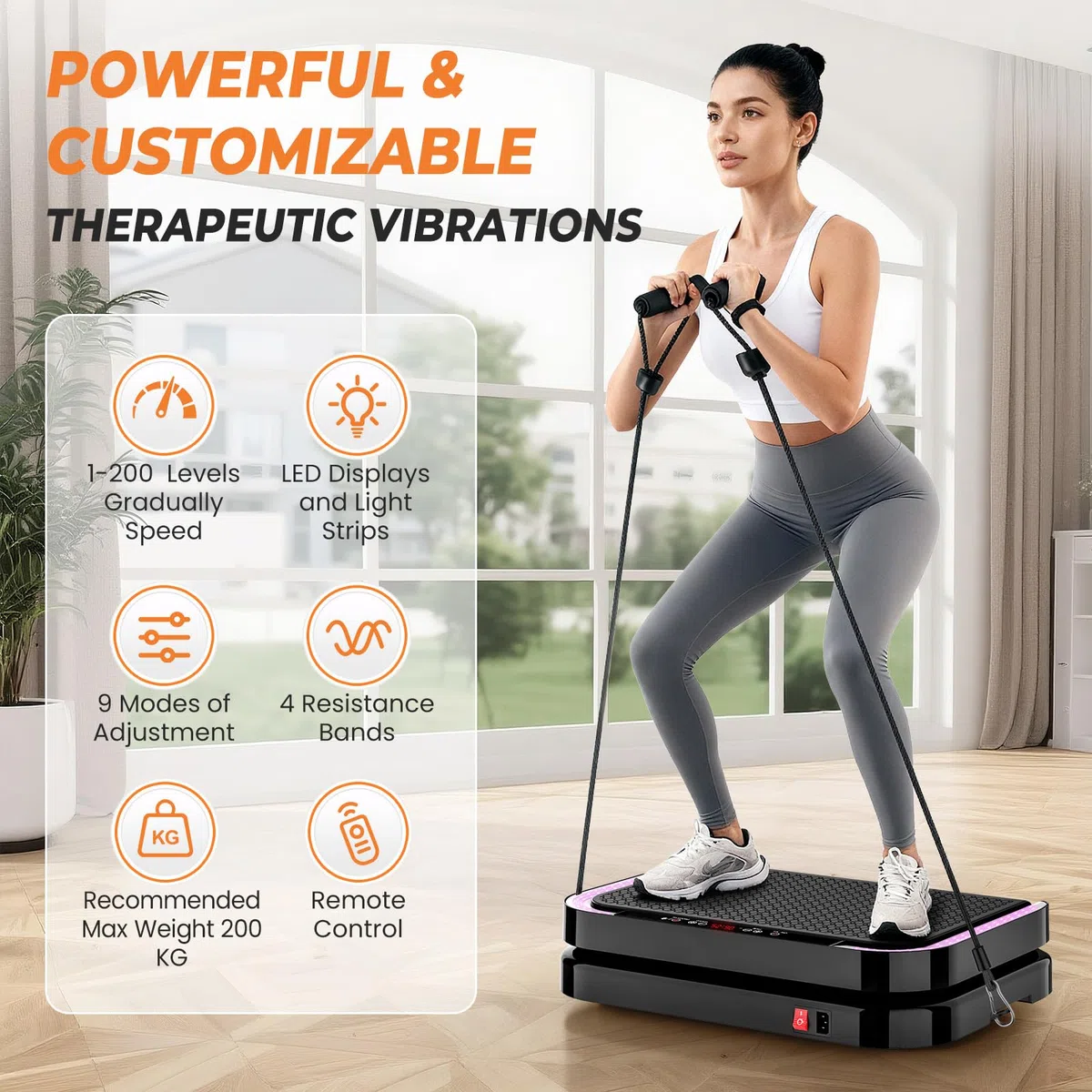 Pedana Vibrante Dimagrante, Vibration Plate con 9 Programmi, 200 Livelli di Intensità, Altoparlante Bluetooth, Telecomando, Bande & Corde di Resistenza, Pedana Vibrante per Circolazione Gambe