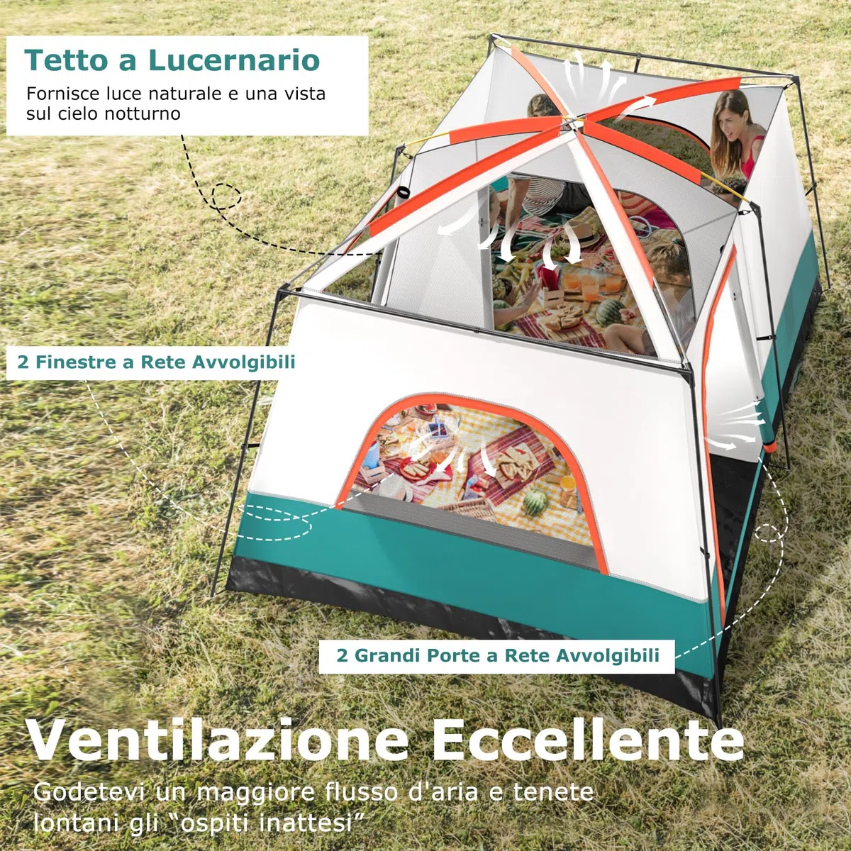 COSTWAY Tenda da Campeggio per 6/8/10 Persone con Veranda, Tenda Familiare con 2 Stanza, 2 Porte, 2 Finestre e Tetto Trasparente,Tendone Impermeabile e Facile da Installare