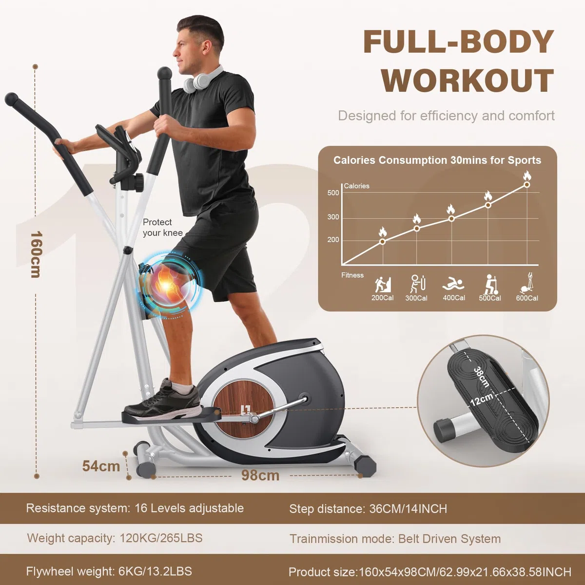 Ellittiche Da Casa, Macchina Ellittica Magnetica Con 16 Livelli Di Resistenza, Monitor LCD, Pedale Antiscivolo, Portabottiglie, Fino a 265 LBS Fitness Esercizio Ellittico Stepper 3 in 1