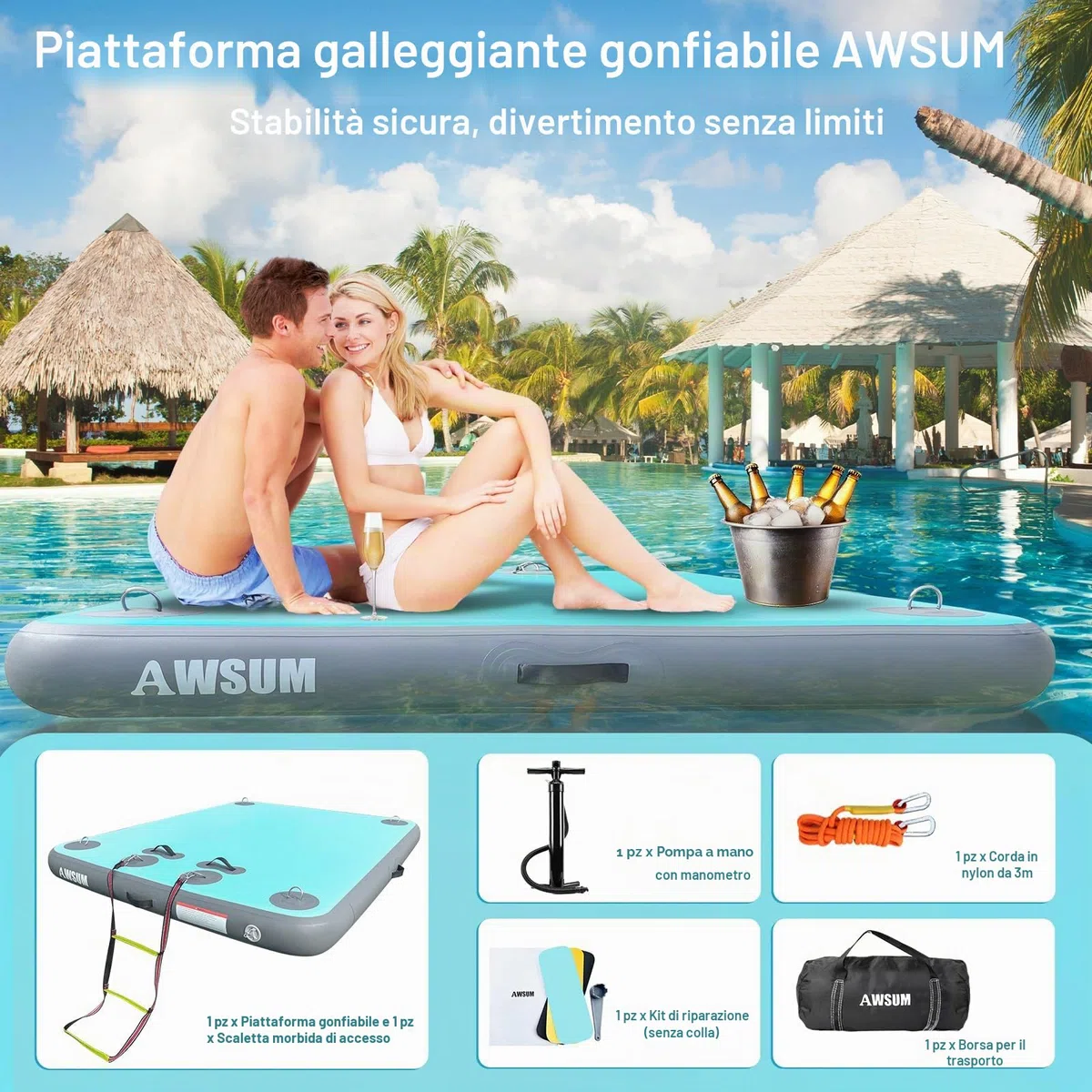 AWSUM Piattaforma gonfiabile per il nuoto Air Dock Piattaforma galleggiante Dock galleggiante Dock gonfiabile per lago, piscina, spiaggia, oceano