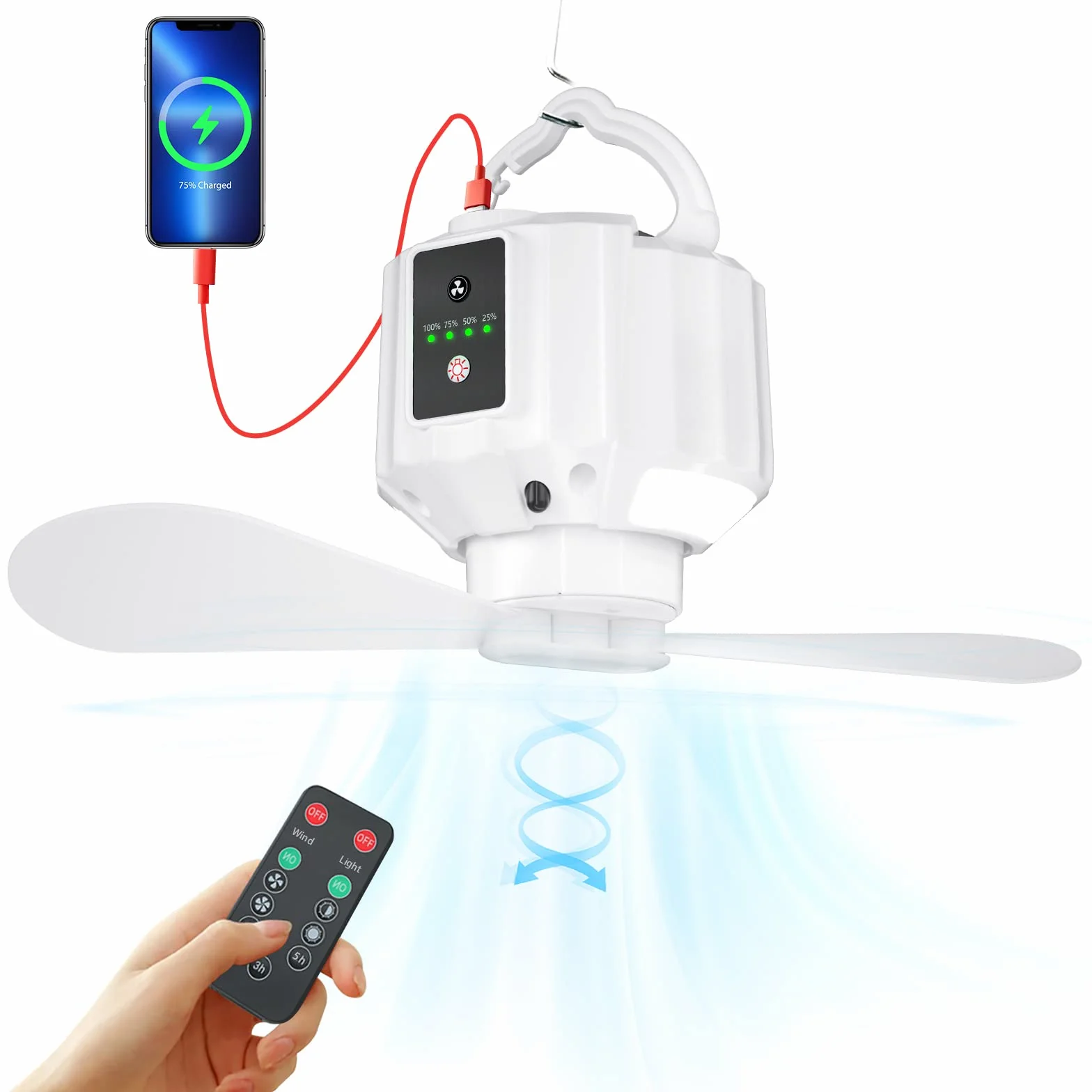 Ventilatore da Campeggio con Lanterna LED, Ventilatore da Campeggio Ricaricabile USB per Tende, Telecomando, Pale del Ventilatore Staccabili,Timer, per Picnic,Tende,Viaggi,Emergenza (Bianco)