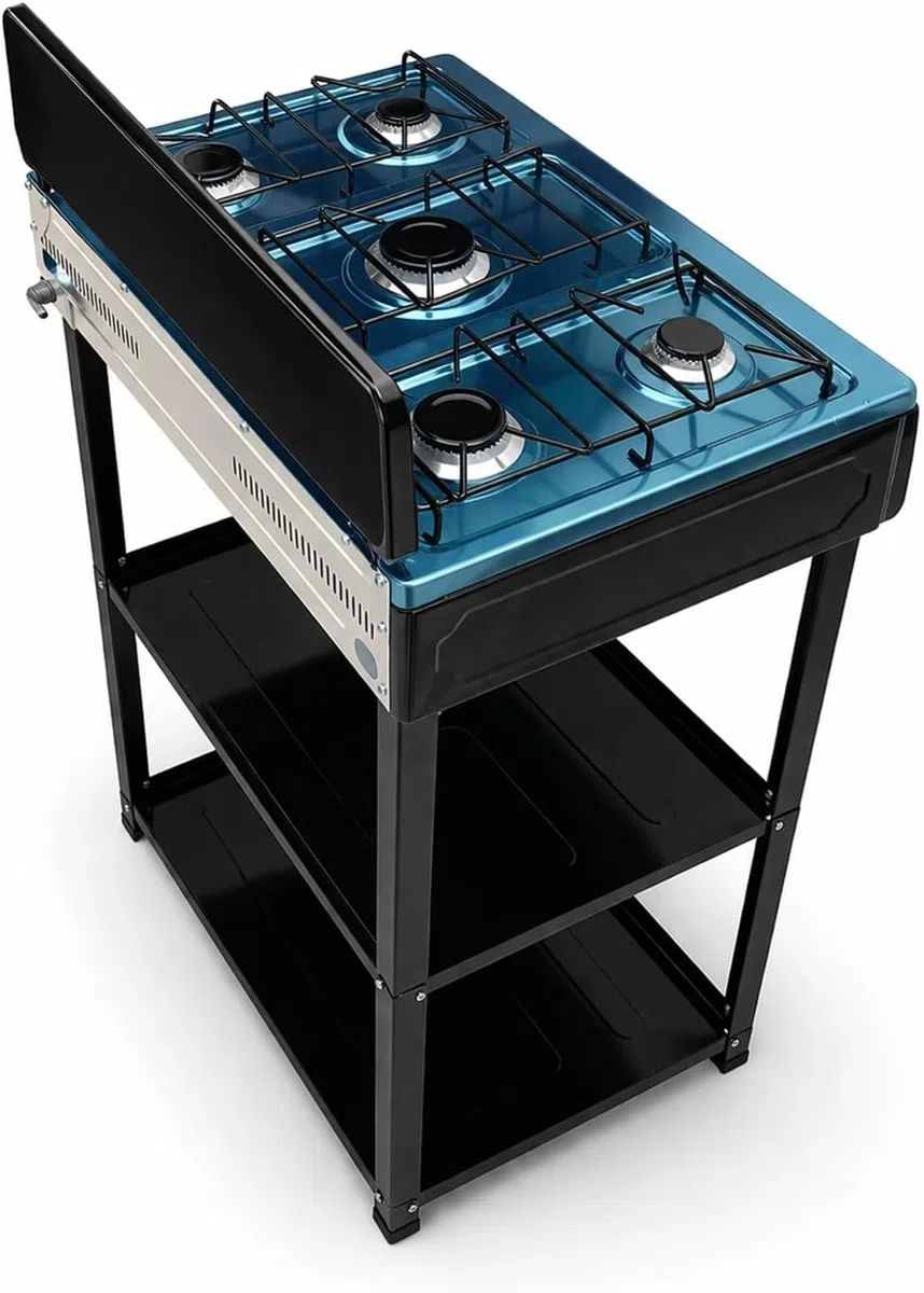 Piano cottura a Gas GPL 5 Fuochi da Esterno Cucinotto Portatile in Acciaio con 5 Bruciatori Potenti Piano Cottura con Paravento e Piedini per Attività all'Aperto Campeggio