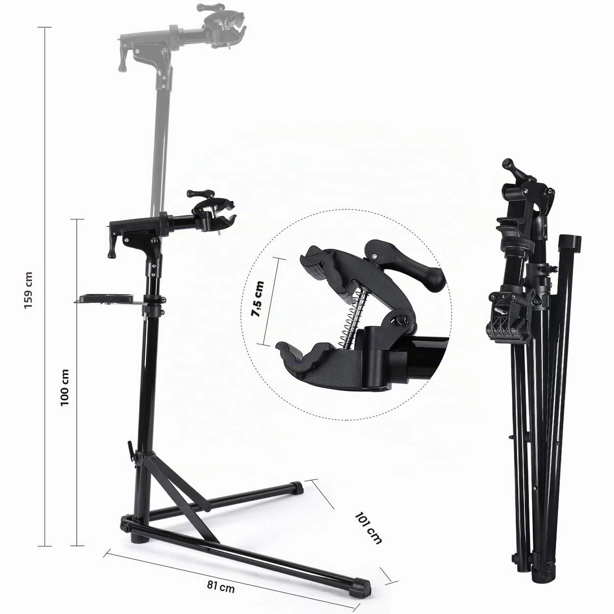 CXWXC Cavalletto per Riparazione Bici, Supporto per Manutenzione Bicicletta in Alluminio, con Vassoio Porta Utensili Magnetico, Regolabile, Leggero, Portatile Nero (Nero)