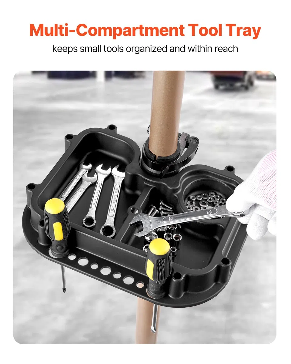VEVOR Supporto per Riparazione Bici 940 x 795 x 1700 mm Supporto da Lavoro per Bici Resistente, Carico Nominale di 49,9 kg con Altezza Regolabile 1025 a 1510 mm e Ampio Vassoio Portautensili
