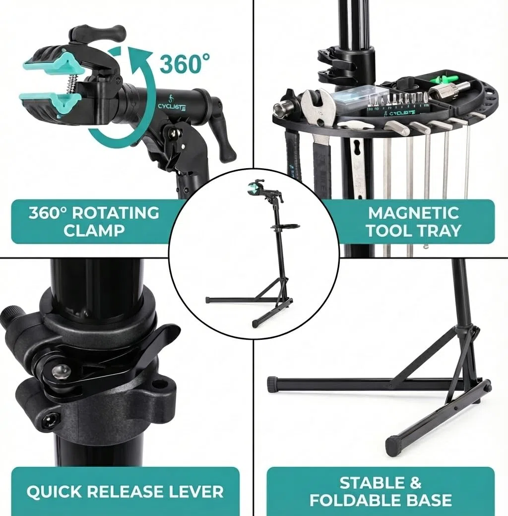 cyclists Cavalletto Manutenzione Bici 50kg,Supporto Riparazione E-Bike Pieghevole in Alluminio,Altezza Regolabile,Rotazione 360°,Stand per MTB e Bici da Corsa (Nero)
