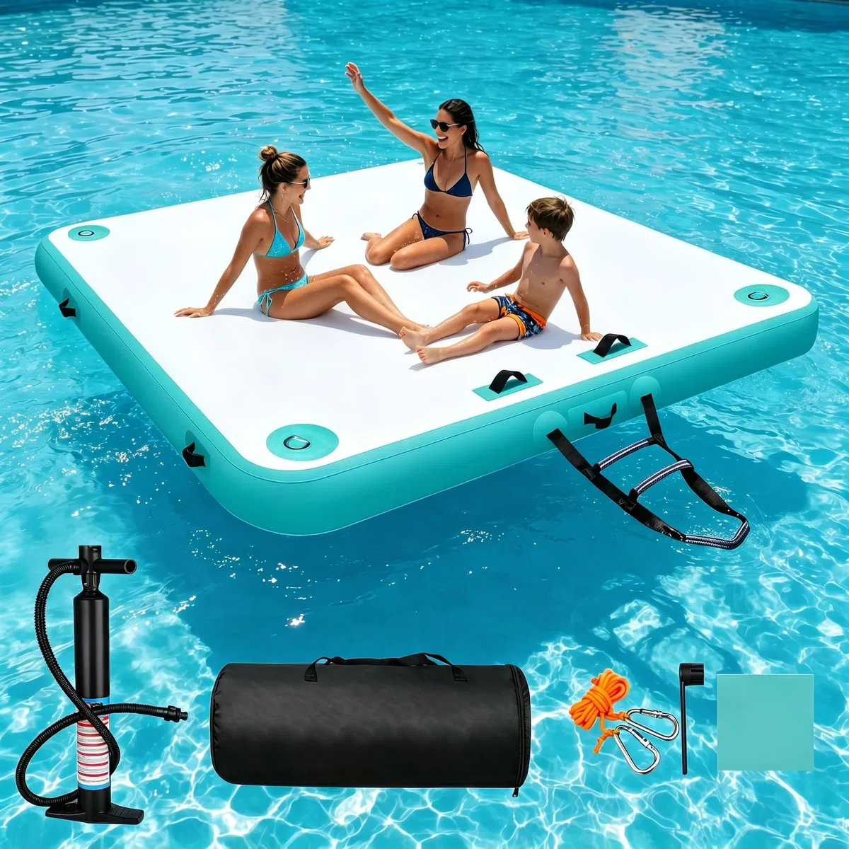Piattaforma Galleggiante Gonfiabile Per 2-6 Persone con Pompa, Corda Scala Staccabile e Bolsa de Transporte Pontile Galleggiante Gonfiabile Per Piscina Spiaggia Lago Oceano
