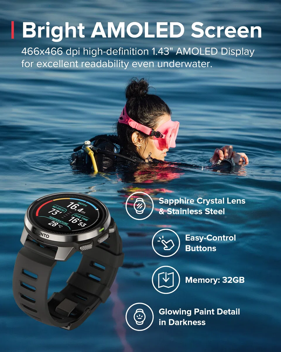 SUUNTO Ocean Dive Computer, Orologio GPS per allenamento e monitoraggio del percorso subacqueo con wireless, touchscreen AMOLED e GNSS a doppia banda