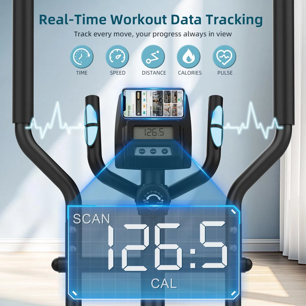 Ellittica da Casa, Ellittiche con 16 Livelli di Resistenza Magnetica, Display LCD con Bluetooth e Ruote di Trasporto, Attrezzo per L'allenamento Completo del Corpo a Casa con Portabottiglia