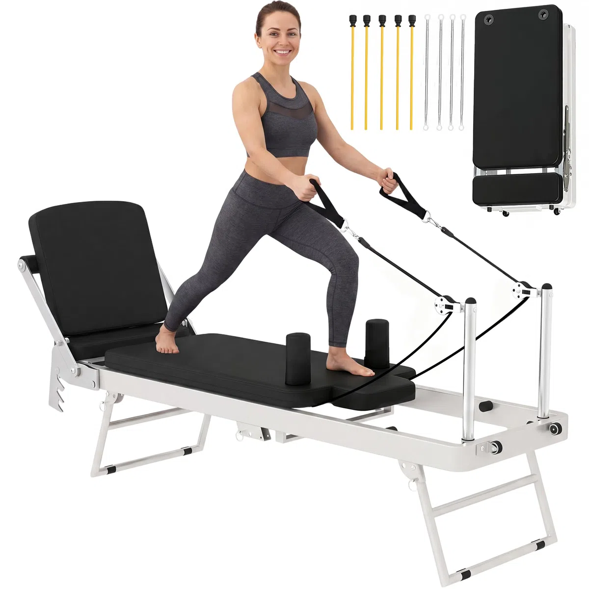 SPORTNOW Reformer Pilates per Casa Pieghevole con Resistenza Regolabile, Macchina Pilates Reformer con Barra Poggiapiedi e Sistema Pulegge Regolabile, Molle, Allenamento Palestra Casa Principianti