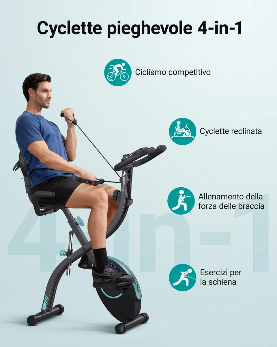 MERACH Cyclette da Casa con App di Allenamento, Silenziosa Cyclette Pieghevole 4-in-1, Resistenza Magnetica a 16 Livelli, Display LCD, Misurazione del Battito, Fascia di resistenza, Sella Confortevole