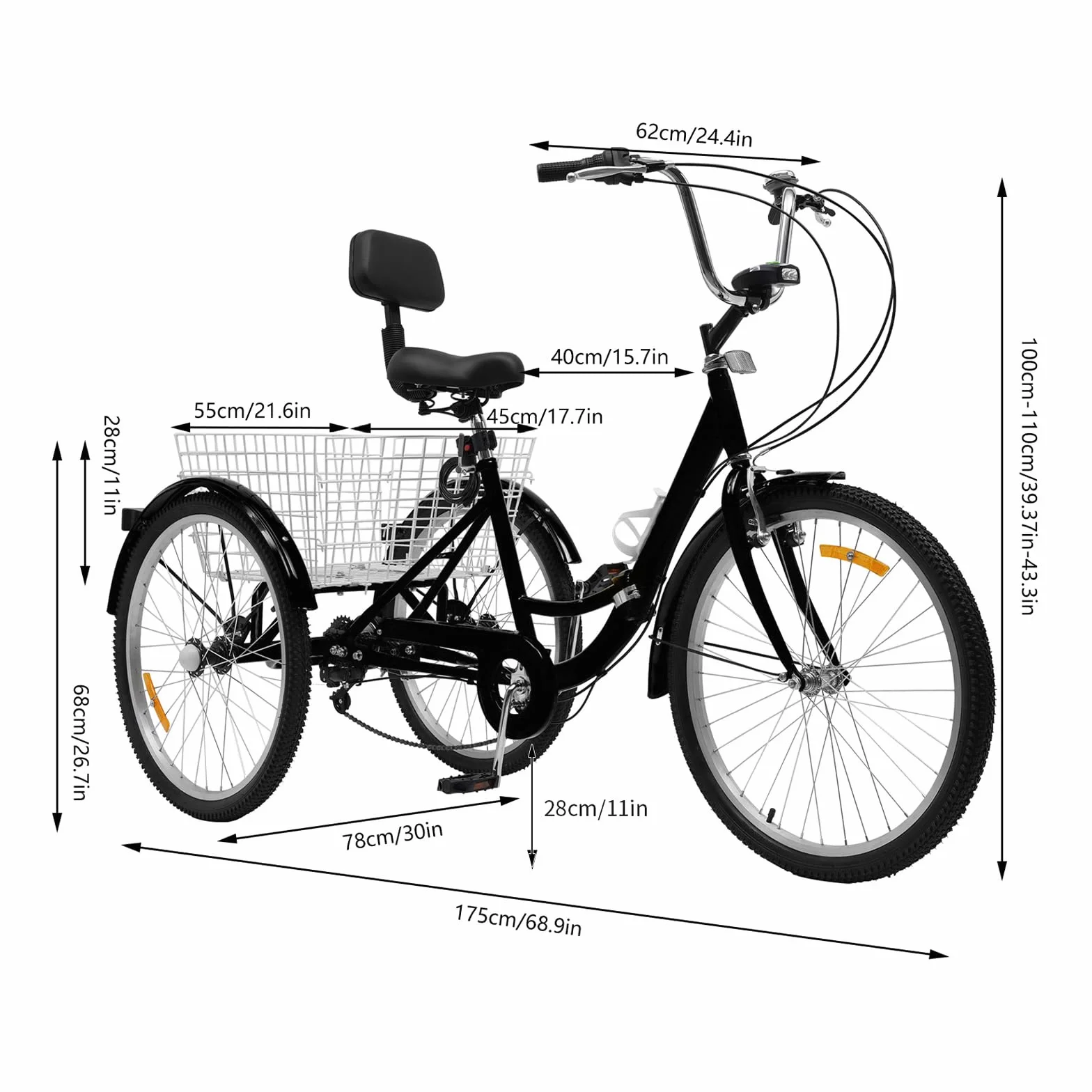 24 pollici triciclo adulto 7 marce, bicicletta a 3 ruote, bicicletta per adulti con cestino e illuminazione