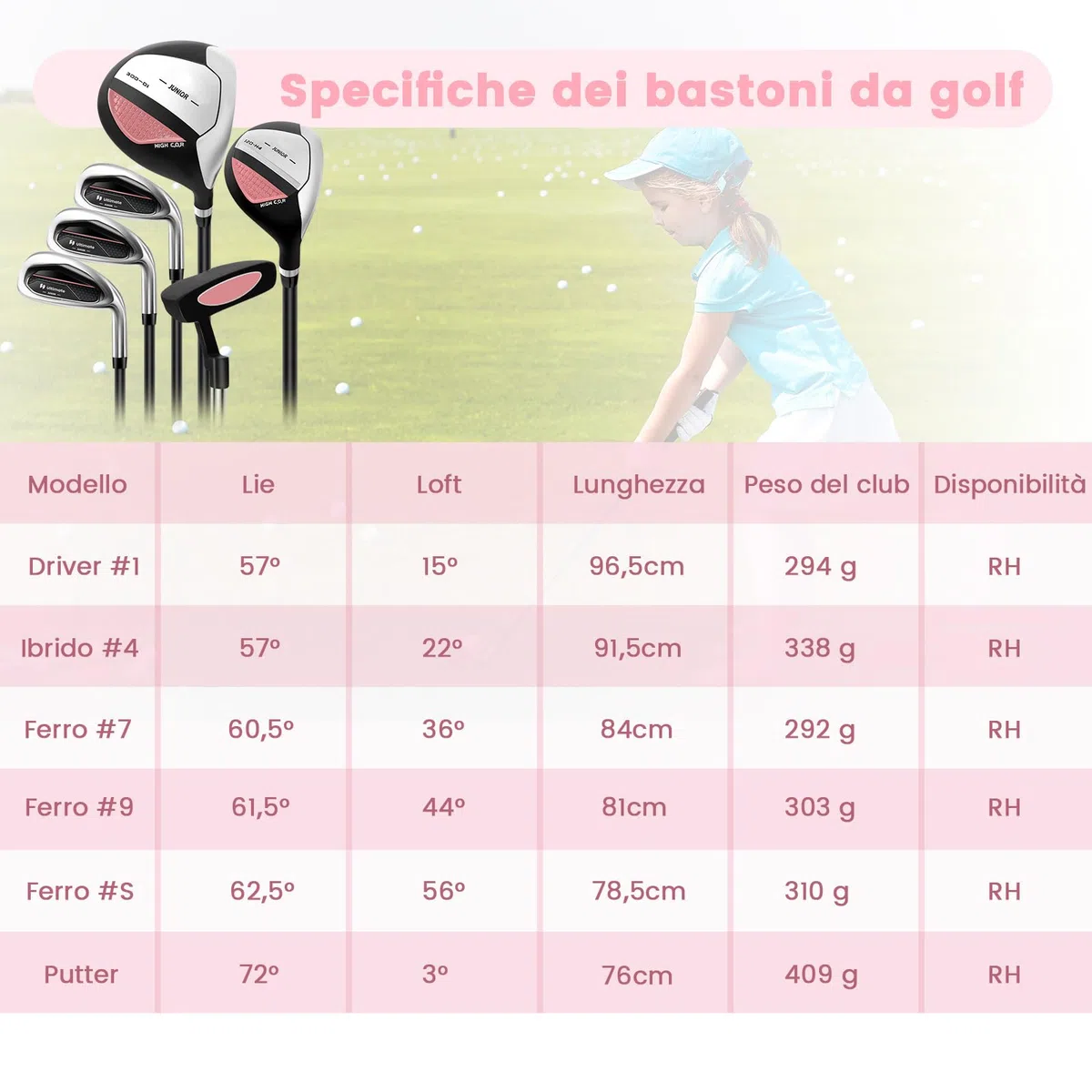 COSTWAY Set di Mazze da Golf per Bambini con Sacca, Fodera Impermeabile, Driver 1, Ibrido 5, Ferro 7, Ferro 9, Ferro S e Putter, Set Allenamento Golf per 11-13 Anni, Destrorso
