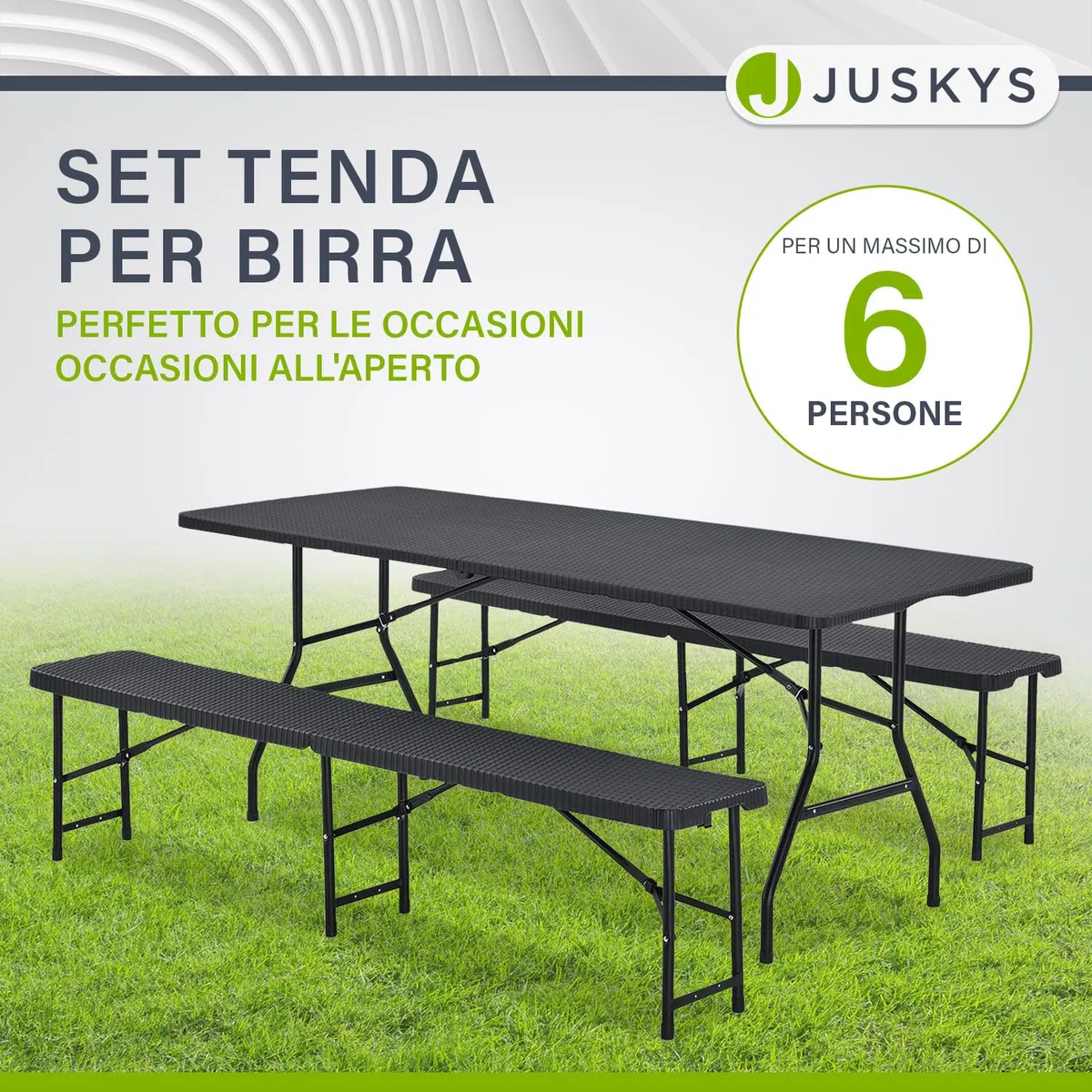 Juskys Set tenda da birra Amberg 3 pezzi e pieghevole - 180 x 74 x 74-2 panche da birra e tavolo da birra in stile rattan Set mobili da giardino Set tendone da campeggio