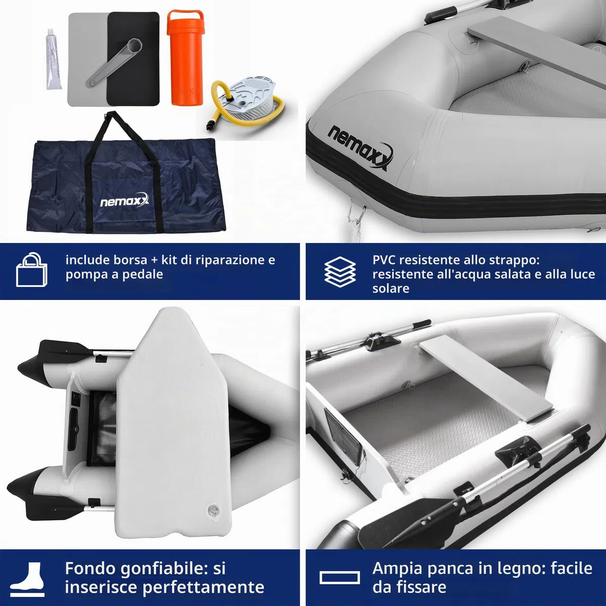 NEMAXX® Gommone 230/330/380 cm per 2/5/7 persone – Barca a pagaia/da pesca e a remi – Fondo gonfiabile/fondo in alluminio, motorizzabile, fino a 905 kg – incl. 2 remi, pompa, borsa, kit di riparazione