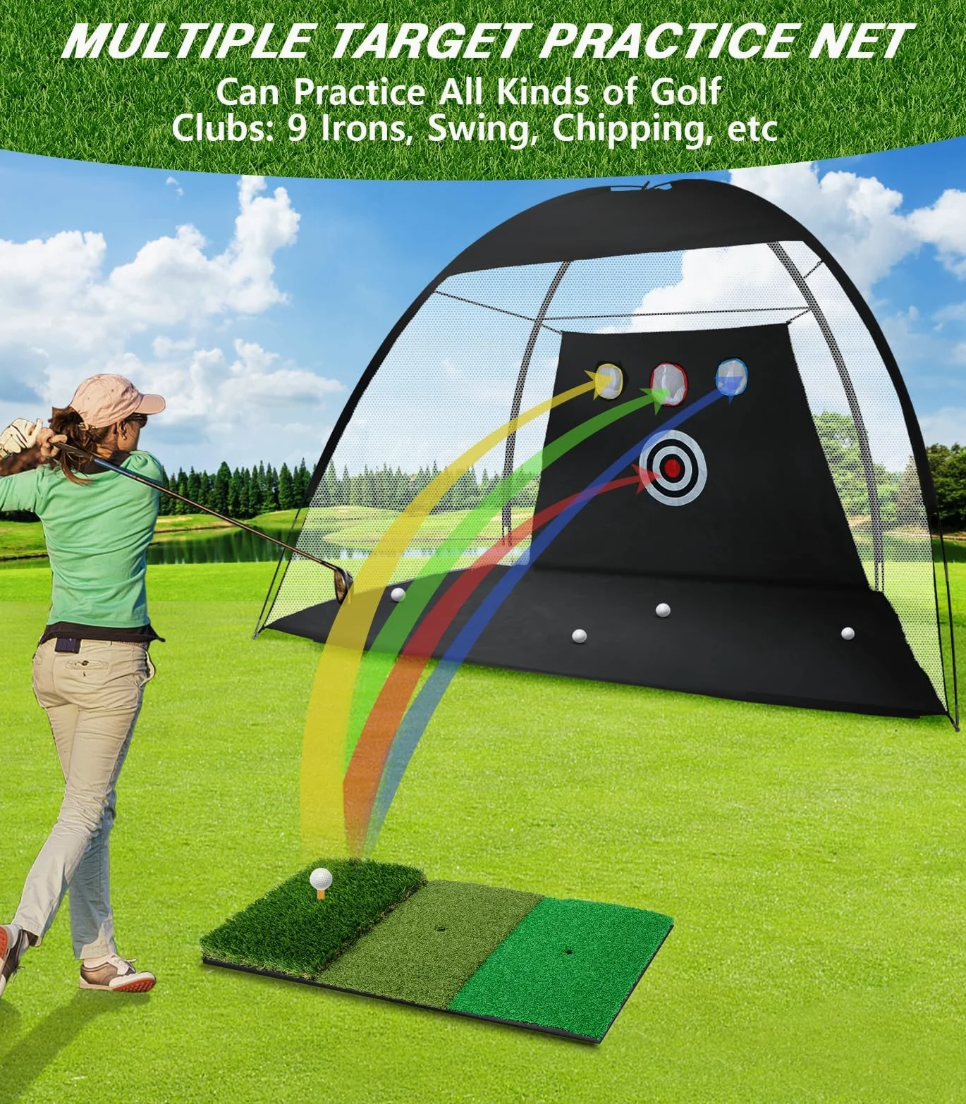 Rete da golf 3 x 2,1 m, con tappetino da golf Tri-Turf All in 1, per allenamento a dondolo, per allenamento a dondolo, con bersaglio, palline, tè/borsa