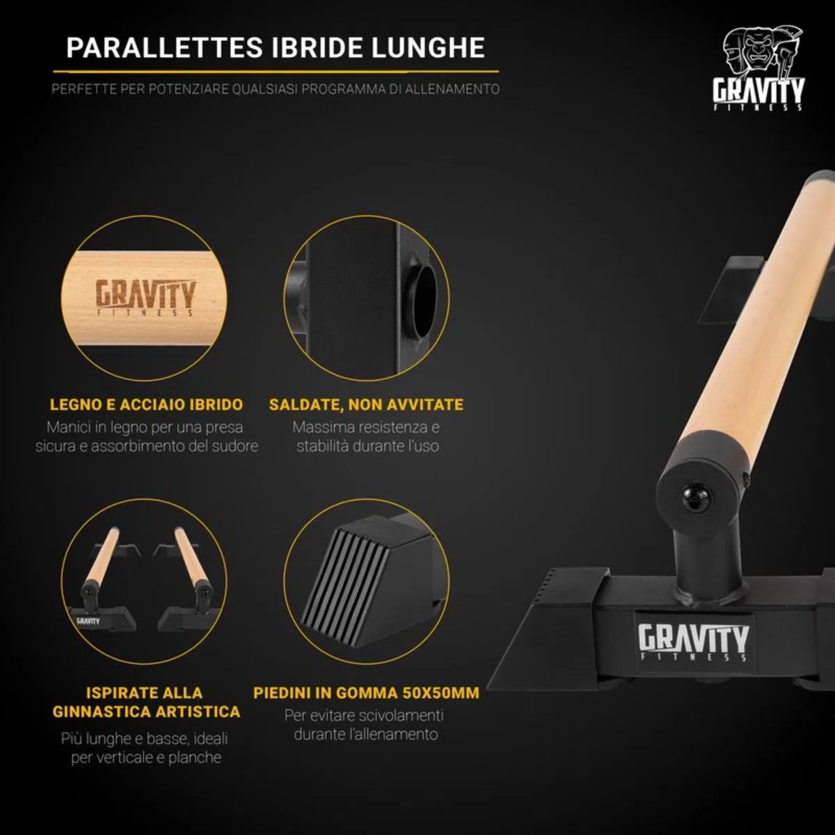 Gravity Fitness Paralleti, Legno Ibrido e Acciaio Ginnastica Ispirare p Bar per Calisthenics, bilanciamento Manuale, qualità Commerciale ma Adatto a casa Noi