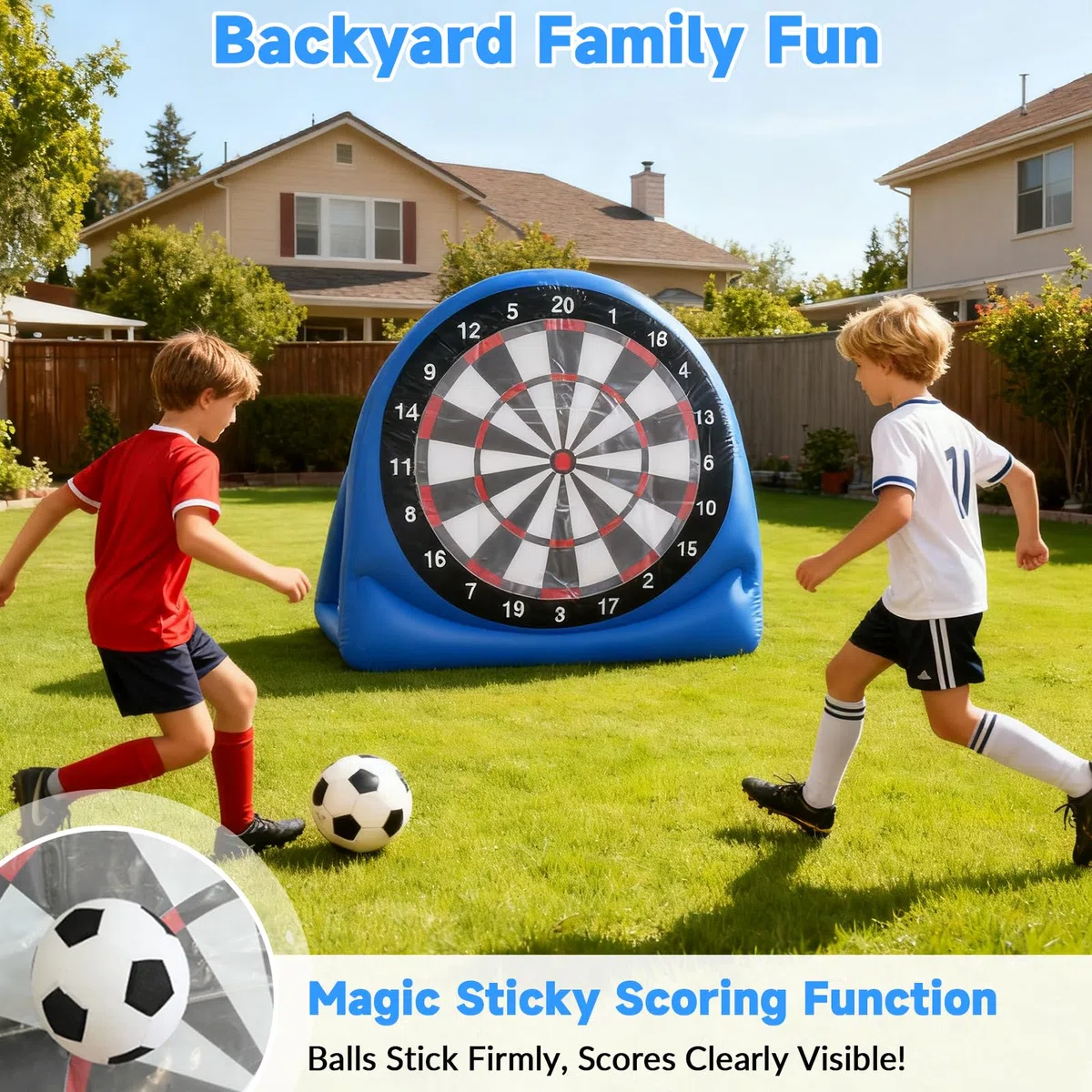 150 cm Bersaglio Freccette da Calcio Gonfiabile, Pieghevole Portatile Bersaglio per Freccette, con 4 Palloni da Calcio, Pompa Elettrica per Aria, per Casa, Cortile, Prato e Giochi Divertenti per Feste