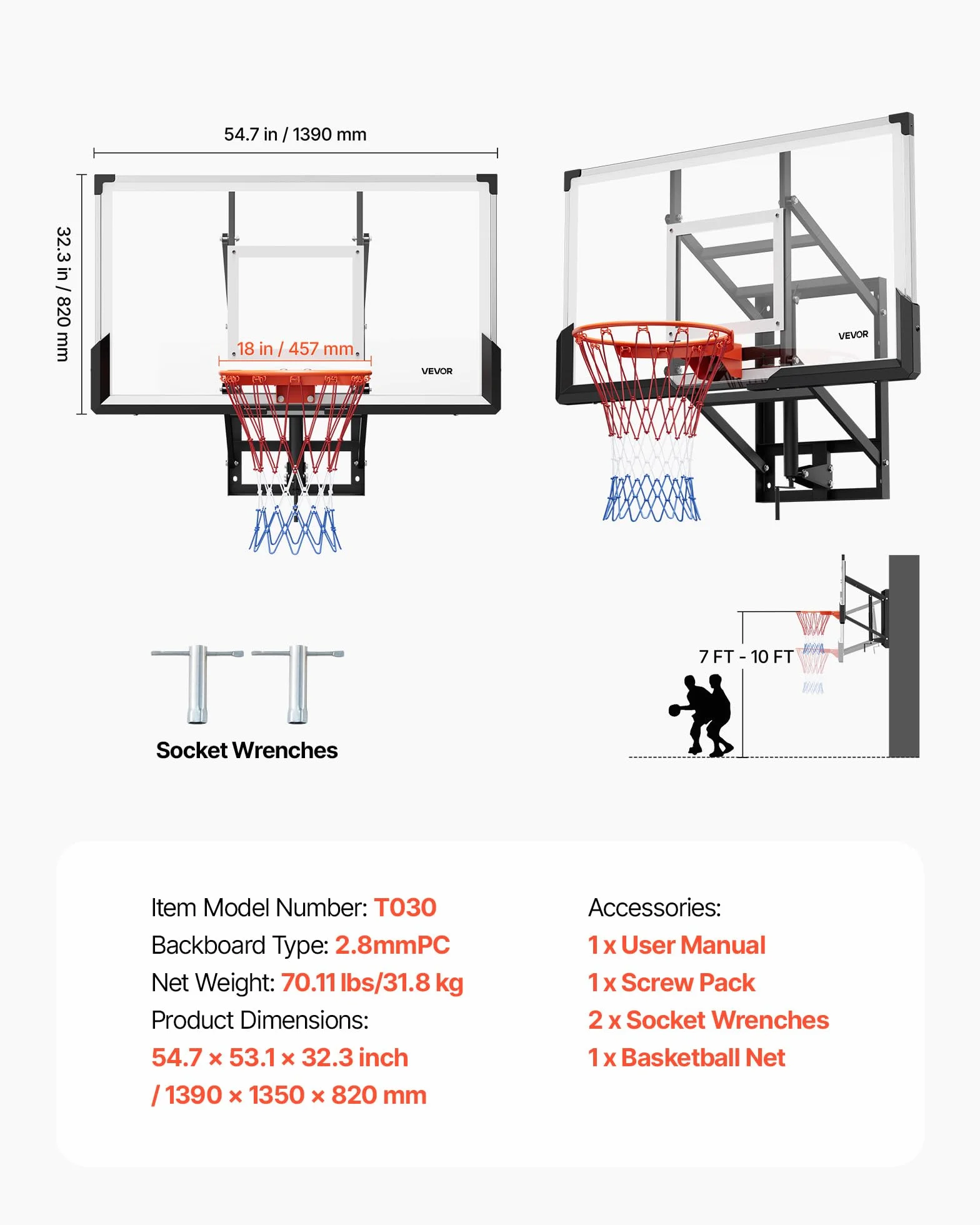 VEVOR Canestro da Basket a Parete con Tabellone in PC da 1371,6 mm e Tabellone con Spessore di 2 mm, Rete in Misto Nylon Spesso, Canestro da Basket Peso di 33,6 kg per Gioco Professionale