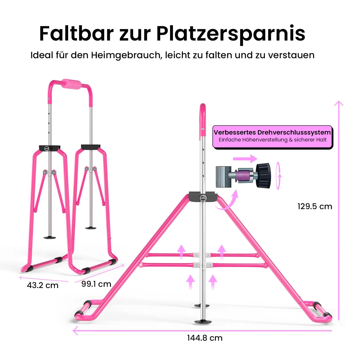 Safly Fun Expandable, asta da ginnastica per bambini, asta da ginnastica, asta orizzontale pieghevole, rosa con tappetino
