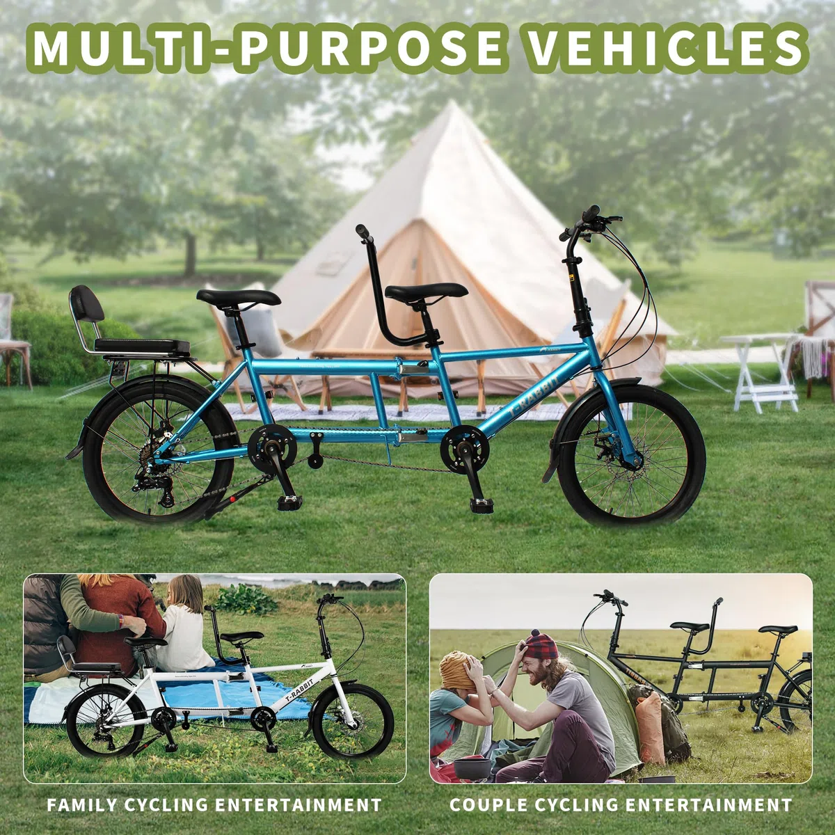 Bicicletta tandem, bicicletta pieghevole per tre persone, materiale in acciaio ad alto tenore di carbonio, resistente alla ruggine e durevole