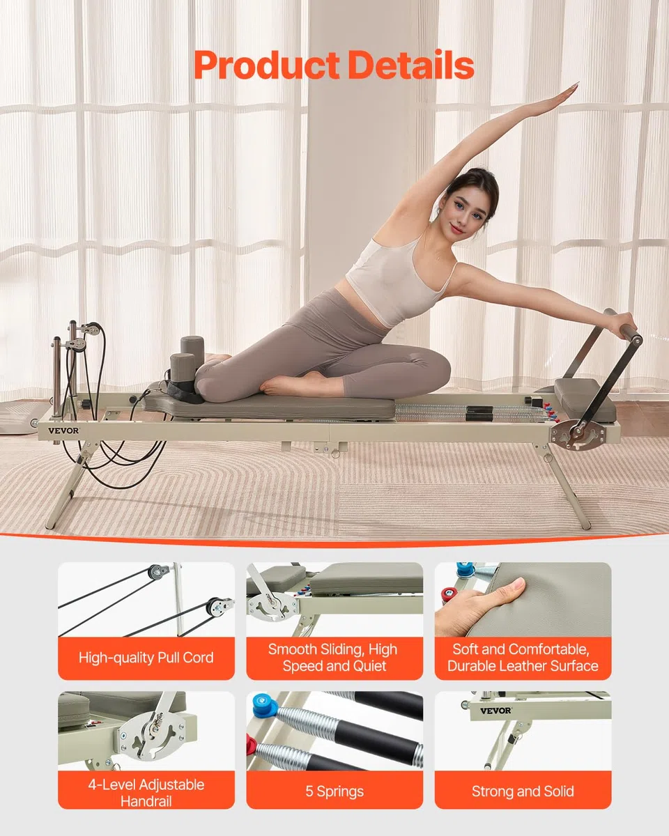 VEVOR Riformatore Pilates Pieghevole, Macchina per Allenamento Pilates per Palestra Casa, Letto Pilates con Doppia Resistenza Molla e Corda, per Utenti Avanzati Principianti, 2080x560x725 mm