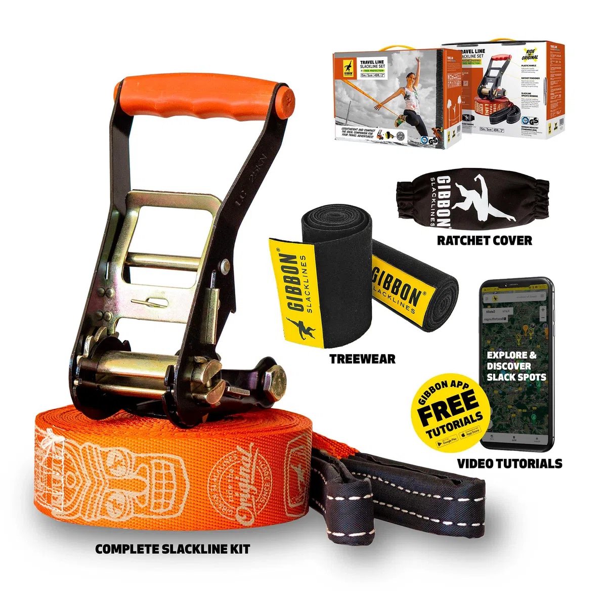 Gibbon Slacklines, Travel Line, con Treewear, marrone, 15 metri (12,5 m di fettuccia + 2,5 m con cricchetto cucito) larghezza 2"/5 cm