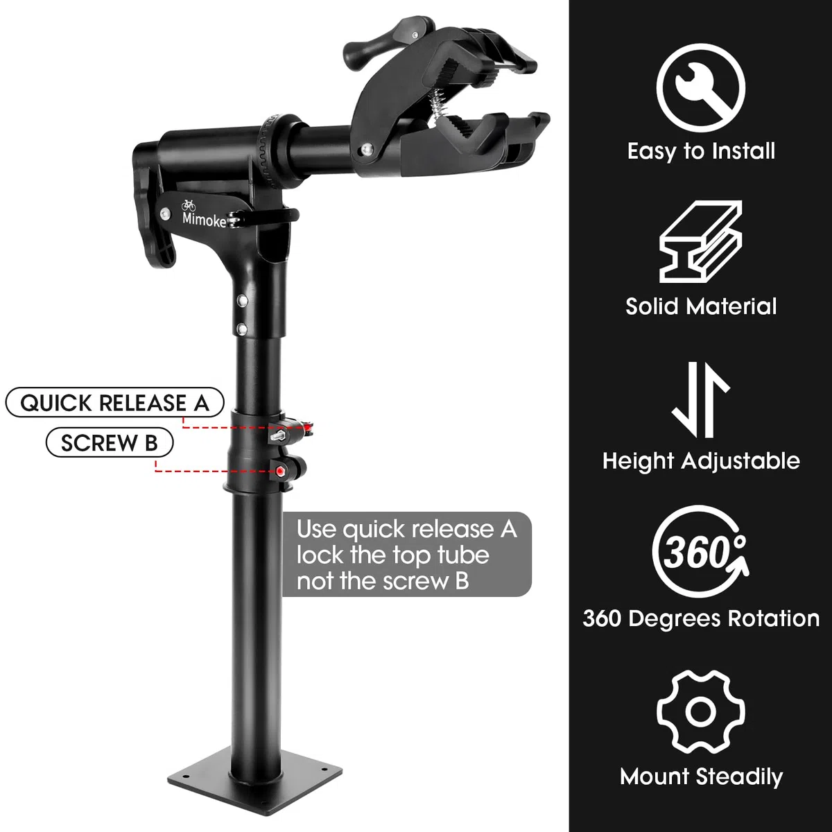 Mimoke Supporto per riparazione biciclette Supporto da parete Banco da lavoro per bici Morsetto regolabile in altezza Rack di manutenzione domestica