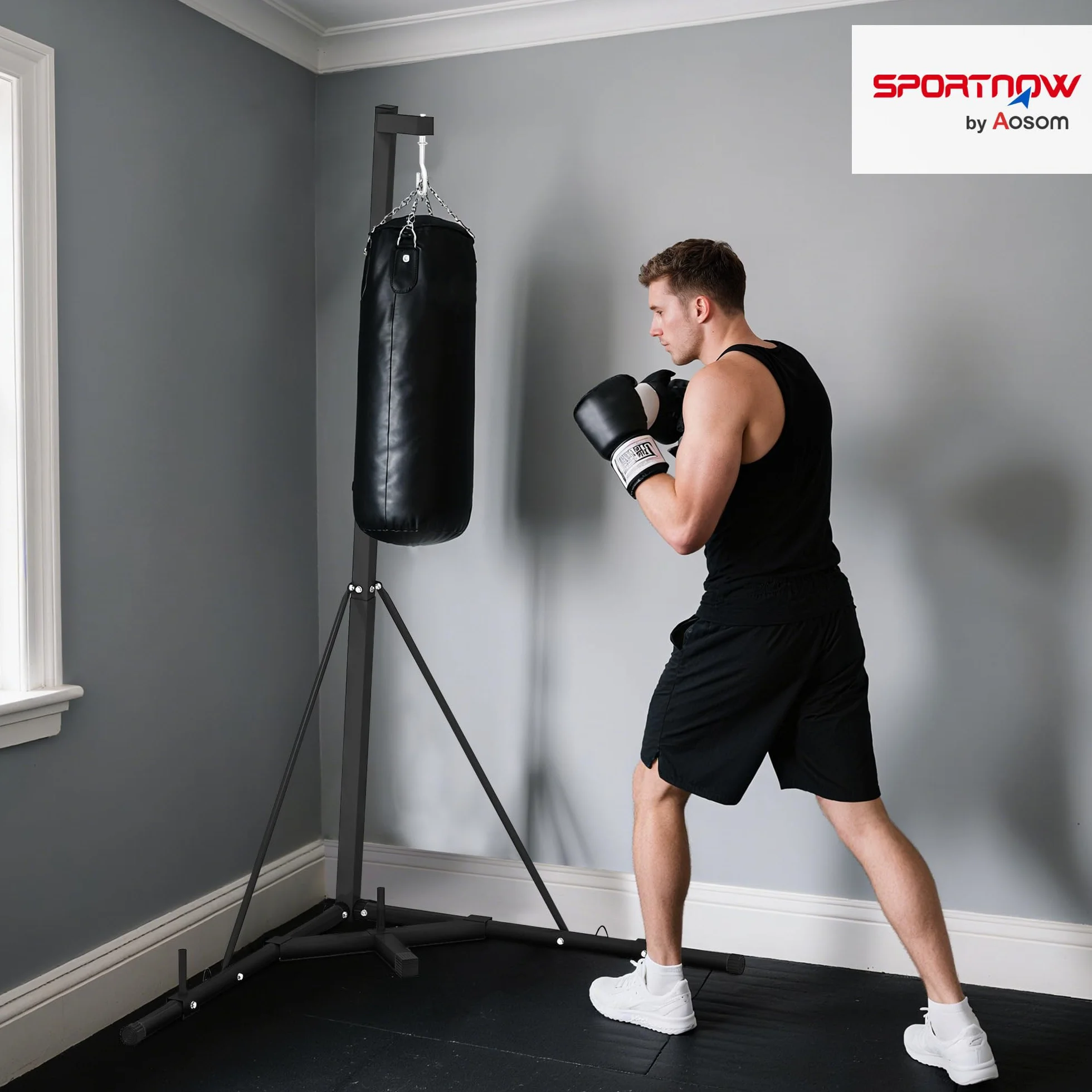 SPORTNOW Supporto Sacco da Boxe Regolabile in Altezza e Autoportante, Sostegno con Base Triangolare e Supporto per Pesi, Max 60kg, 170x90x182-225 cm, Nero