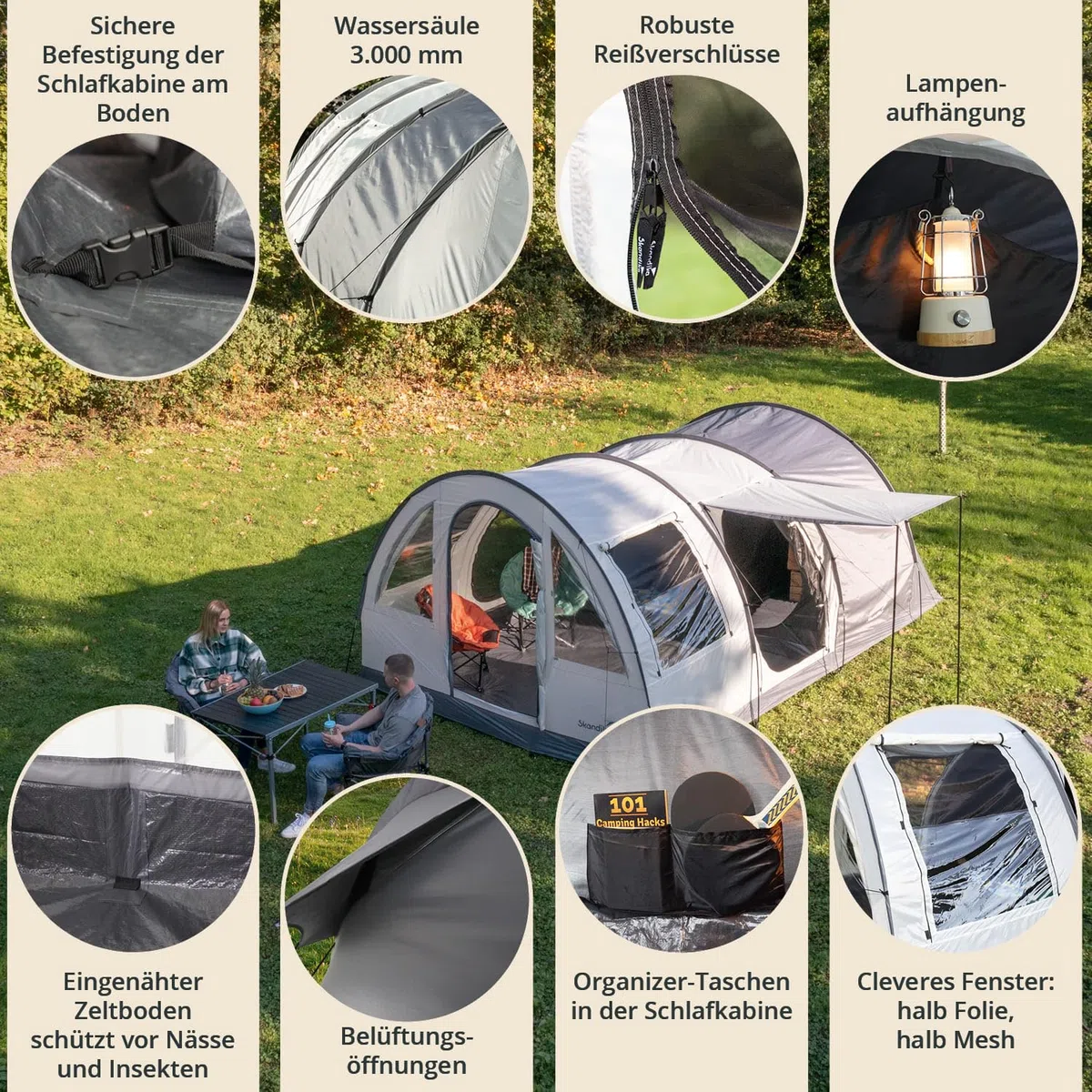 Skandika Simo 4/5 Protect | Tenda da campeggio familiare a tunnel, fondo cucito, colonna d'acqua 3000 mm, cabine oscurate, zanzariera, 3 ingressi