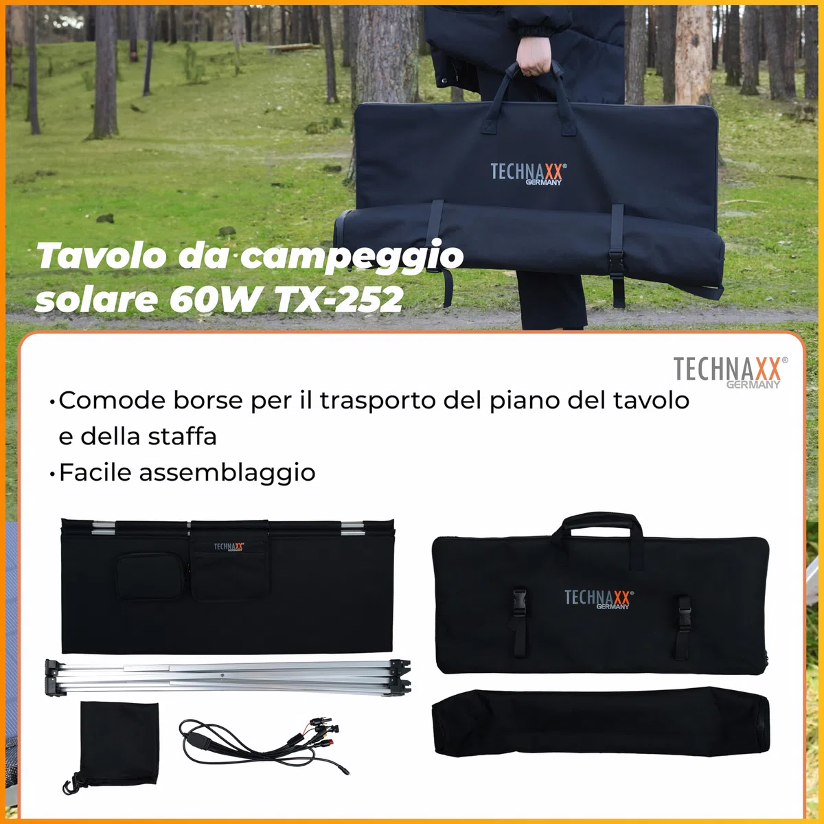 Technaxx TX-252, tavolo solare da campeggio pieghevole da 60W, pannello solare monocristallino con 3x porte USB, uscita DC e design robusto - perfetto per il campeggio e le attività all'aria aperta