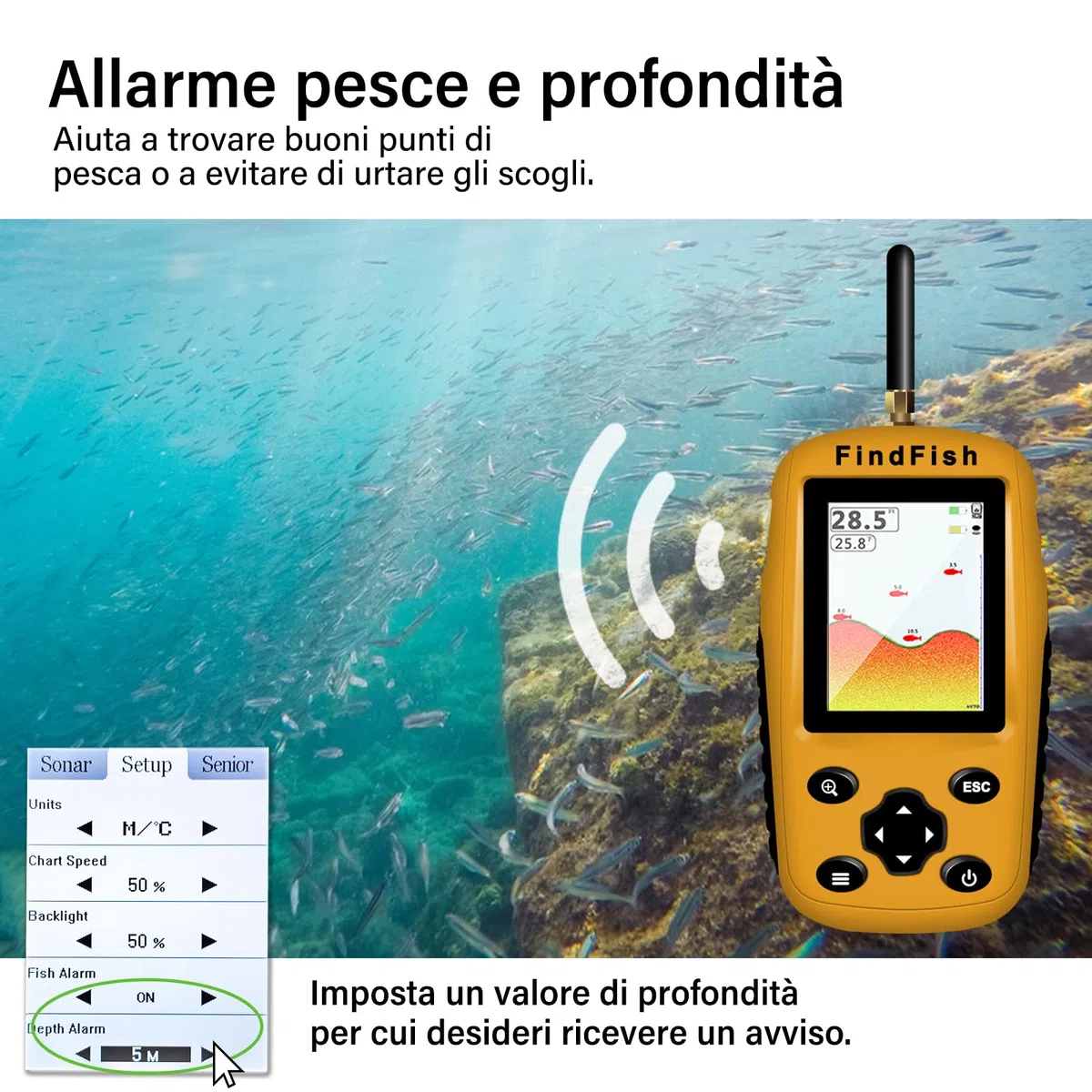 Ecoscandaglio da Pesca Sensore Sonar Portatile Trasduttore Cercatore di profondità dell'acqua Schermo a cristalli liquidi Ghiaccio Pesca in Mare