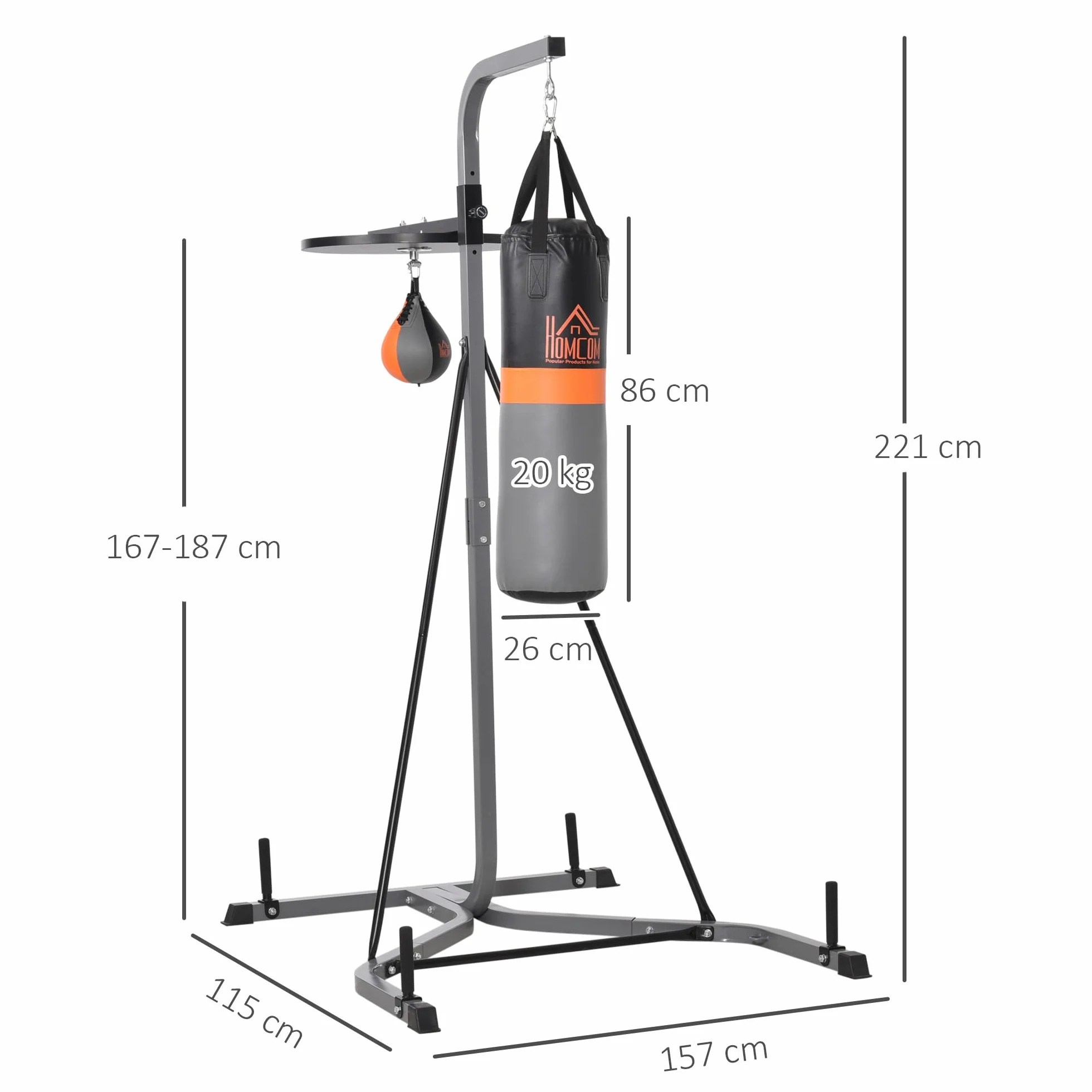 HOMCOM Stazione Multiuso Regolabile con Sacco da Boxe 20kg e Punching Ball per Allenamento Pugilato