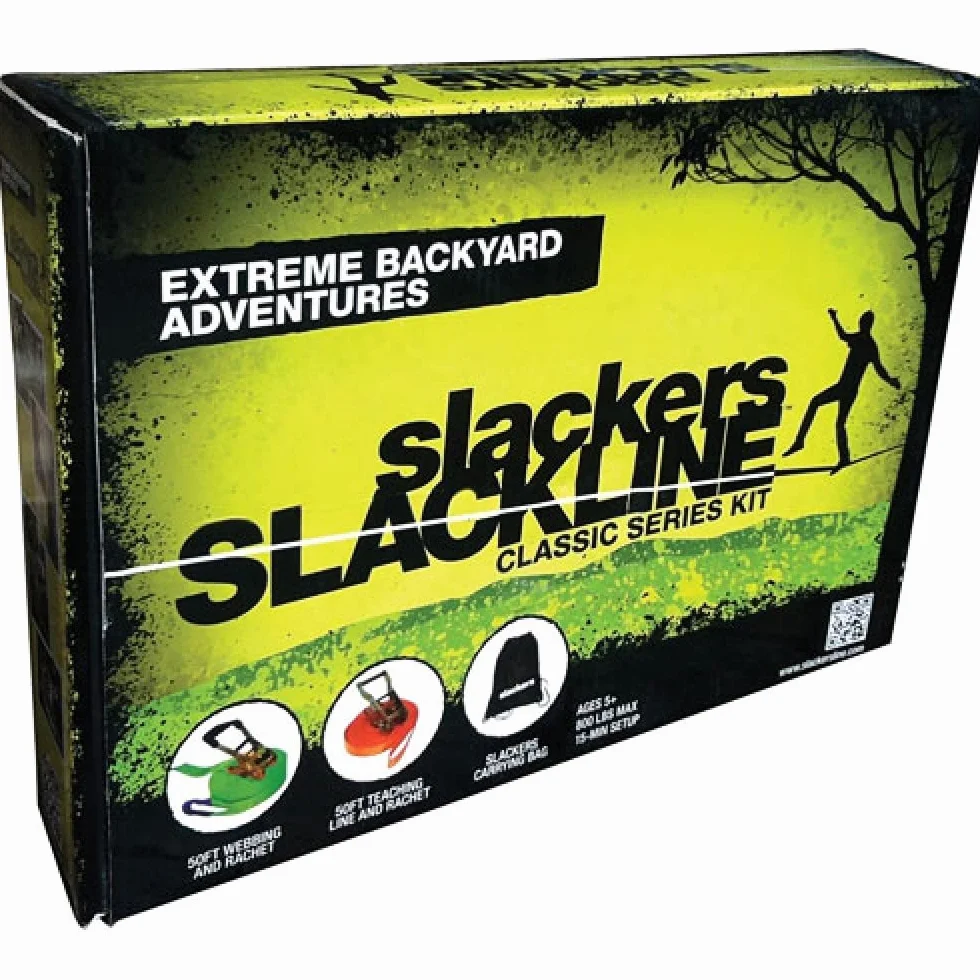 Slackers USA Slackline Classic 15m, set con linea di insegnamento aggiuntiva, corrimano per un facile apprendimento, protezione con cricchetto, borsa, ideale per bambini e famiglia, 980010