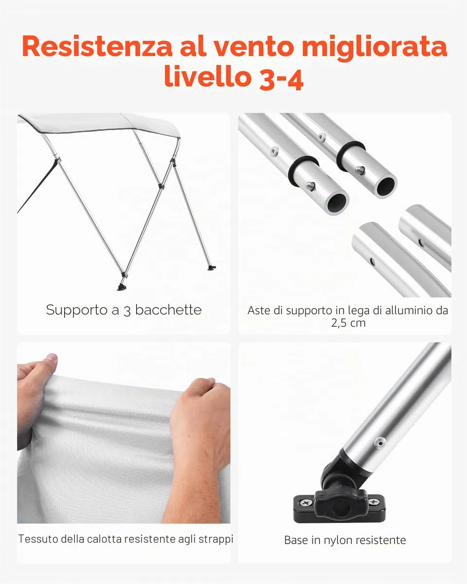 VEVOR Tendalino per Barca a 3 Archi, Parasole in Poliestere 600D con Telaio in Lega di Alluminio, Tettoia Parasole Impermeabile con Borsa Portaoggetti, Larghezza 155 a 168 cm Grigio Chiaro