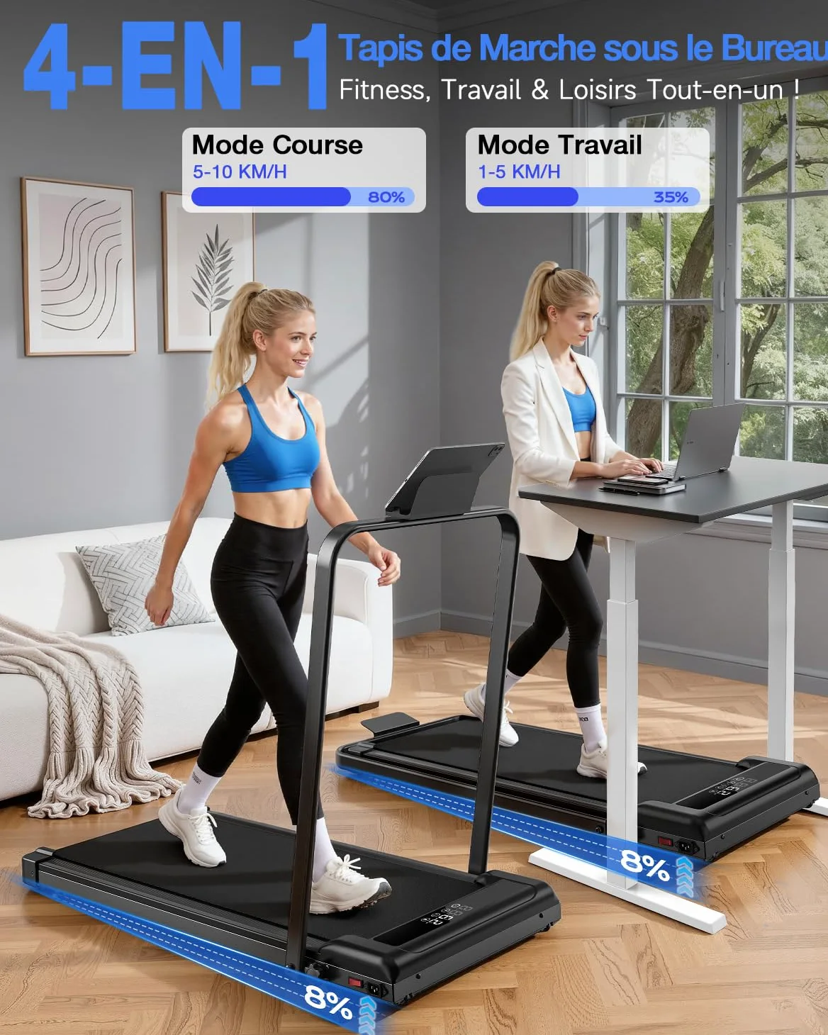 Tapis Roulant Elettrico 4 in 1 Pieghevole con Inclinazione 8% – 3.0CV Motore Silenzioso, 10 km/h, Sistema di Ammortizzazione, Schermo LED, Salvaspazio per Casa e Ufficio