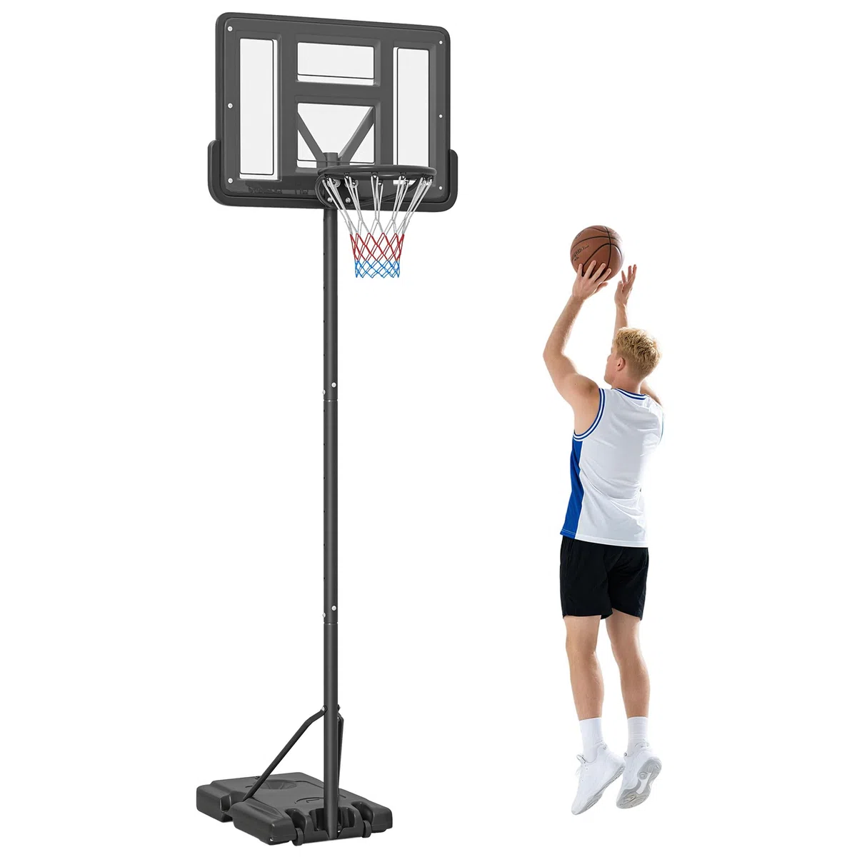 SPORTNOW Canestro Basket ad Altezza Regolabile per Giardino e Piscina con Base Riempibile e Spazio per Palla, in Acciaio, Plastica e HDPE, 110x75x195-370 cm, Nero