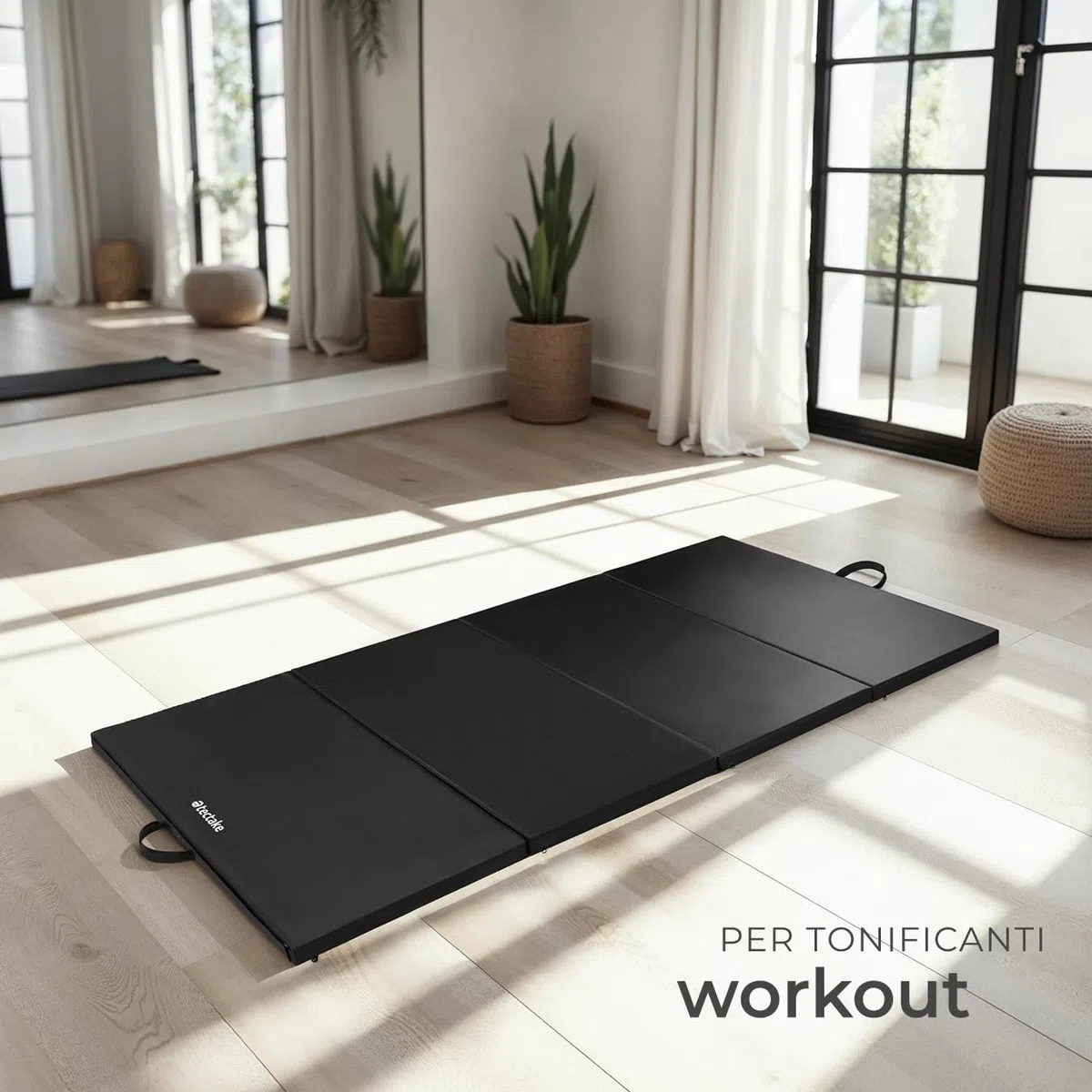 tectake® Tappetino da Ginnastica Pieghevole, Tappeto Fitness Portatile con Superficie Lavabile, Cinghia Trasporto, Tappetino Palestra, Sport, Casa, Yoga, Arti Marziali, 240x120x5 cm - Nero
