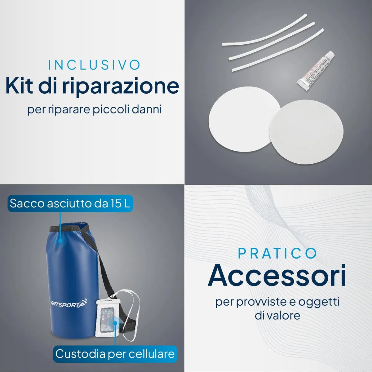 ArtSport Gommone 322 cm per 4 Persone - Canotto Gonfiabile con 2 panche - Barca a Remi in PVC con Pompa ad Aria, Remi, Borsa e Kit di Riparazione
