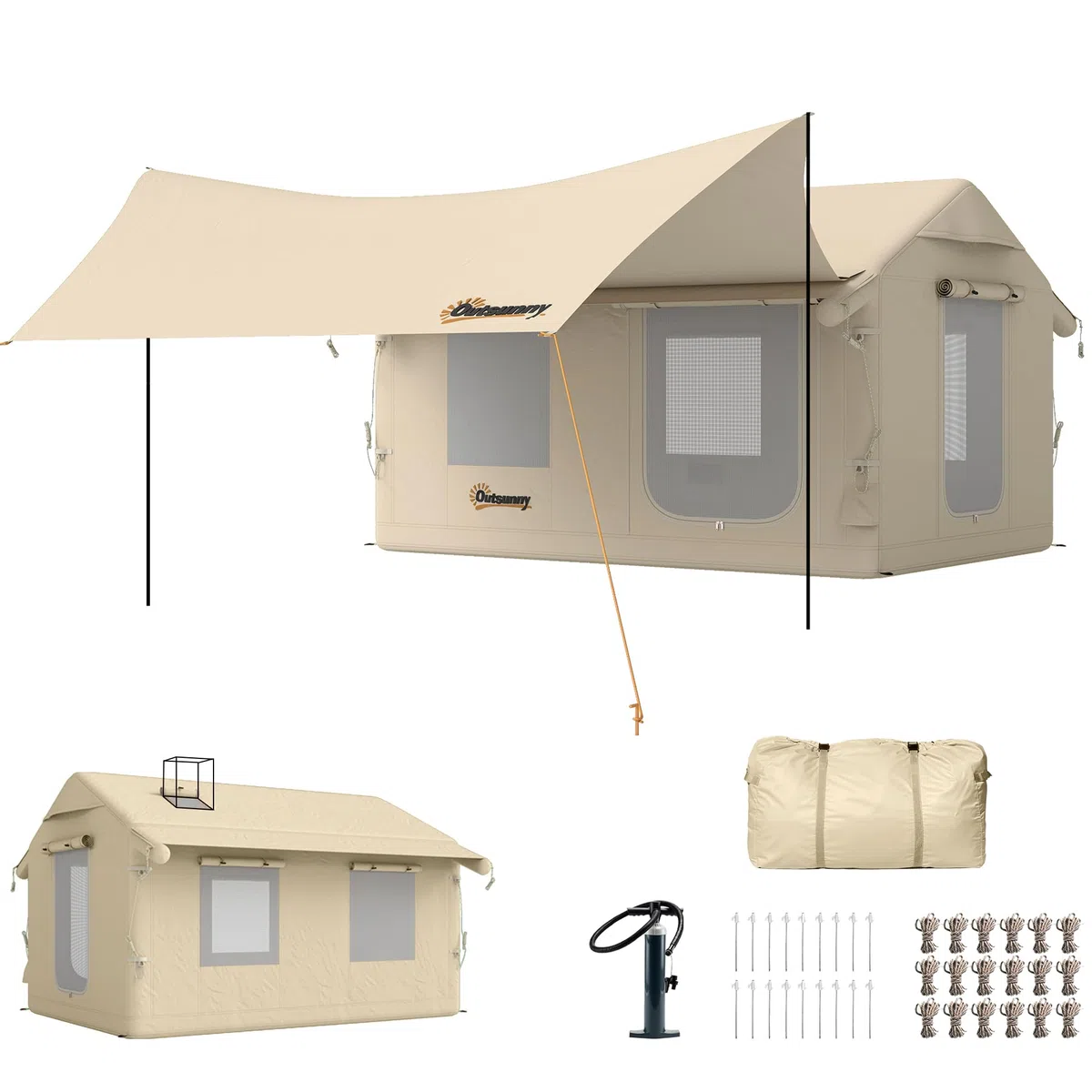 Outsunny Tenda da Campeggio Gonfiabile con Pompa per 6-8 Persone, Tenda Campeggio Impermeabile 3000mm Antivento, con Apertura per Stufa, Tetto Rimovibile e Pavimento Cucito, Montaggio Rapido, Cachi