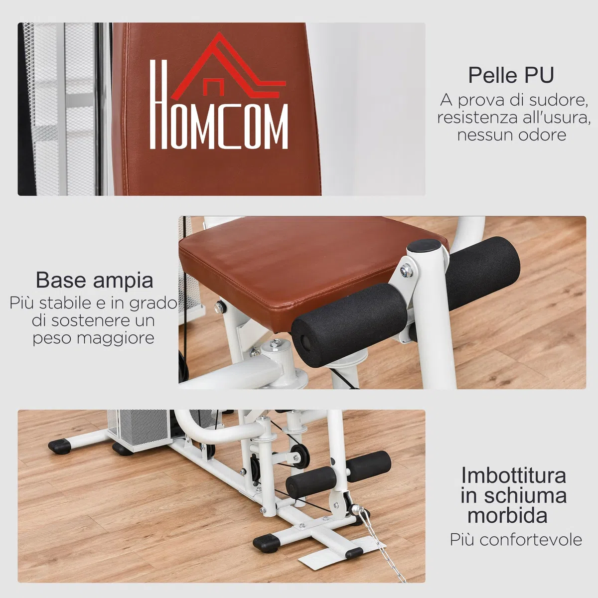 HOMCOM Stazione Fitness con Pull Down, Chest Press, Flessioni, Allungamenti delle Gambe e Vogate, Palestra Multifunzione in Acciaio con Peso di 45 kg, per Home Gym Casa, 150x110x210 cm, Bianco