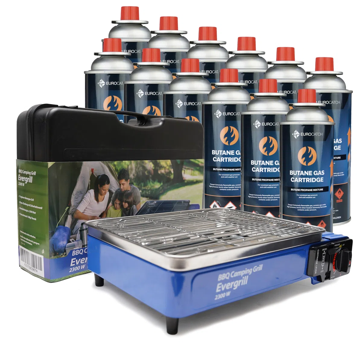 Evergrill Griglia da campeggio a gas butano - incl. 12 bombole di gas - Barbecue a gas - Cucina da campeggio - Griglia da tavolo - Barbecue da tavolo