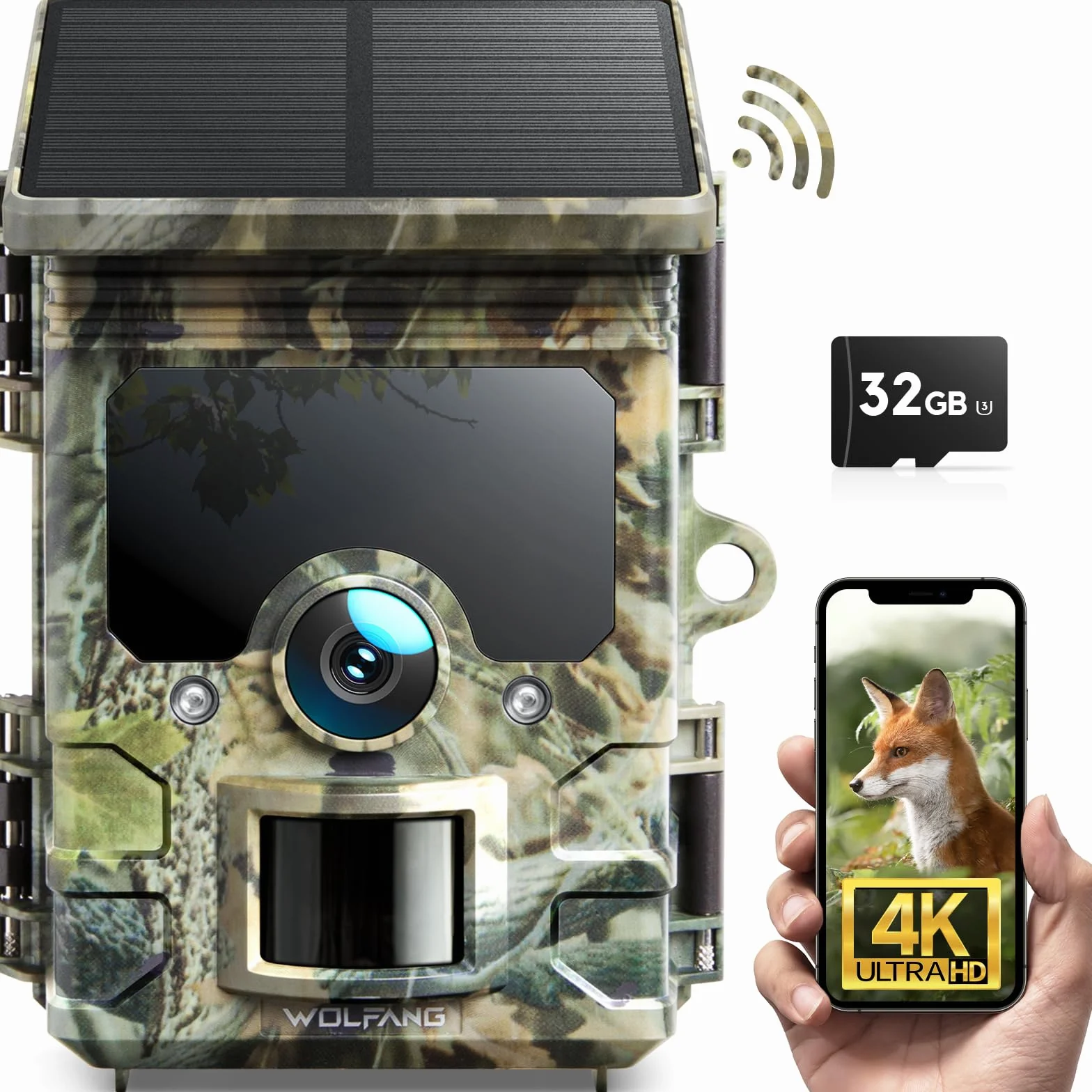 WOLFANG Fototrappola Solare 4K 30Fps, Wifi Bluetooth Fotocamera Caccia con Visione Notturna, Grandangolare 120 ° Fototrappole con Tempo di Scatto 0,1s, IP66 Impermeabile, Micro SD da 32 GB