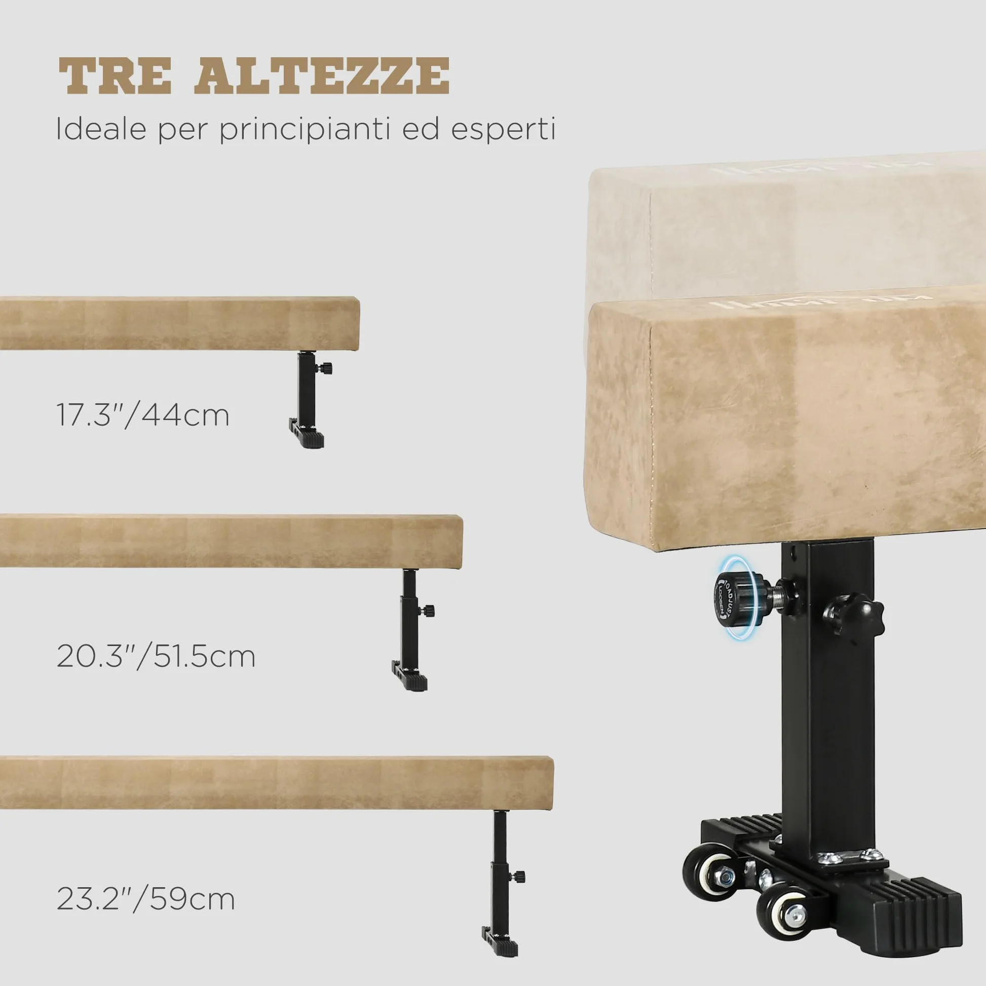 HOMCOM Trave Ginnastica Artistica da Casa con Altezza Regolabile, Ruote e Piedini Antiscivolo, per Bambini da 3-12 Anni, 226x31x59cm, Marrone