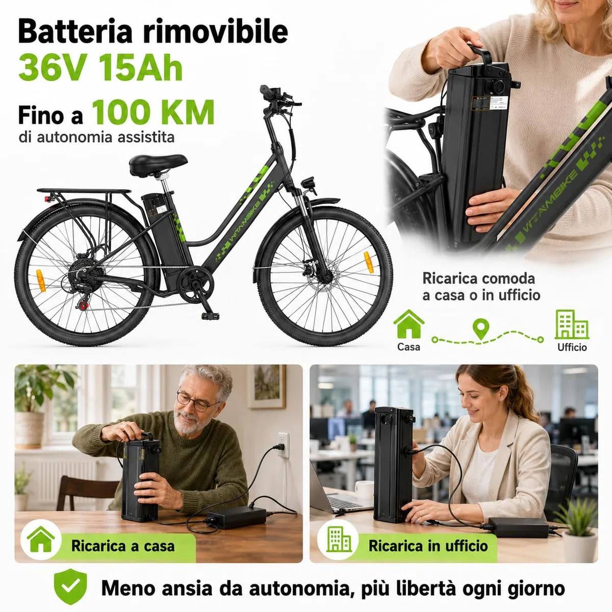 26" Bici Elettrica uomo donna,36V 15Ah Batteria Rimovibile Motore 250W,Autonomia fino a 100 km, 7 Velocità, Freni a Disco, Sospensione Anteriore City E-Bike for Urban Commuters