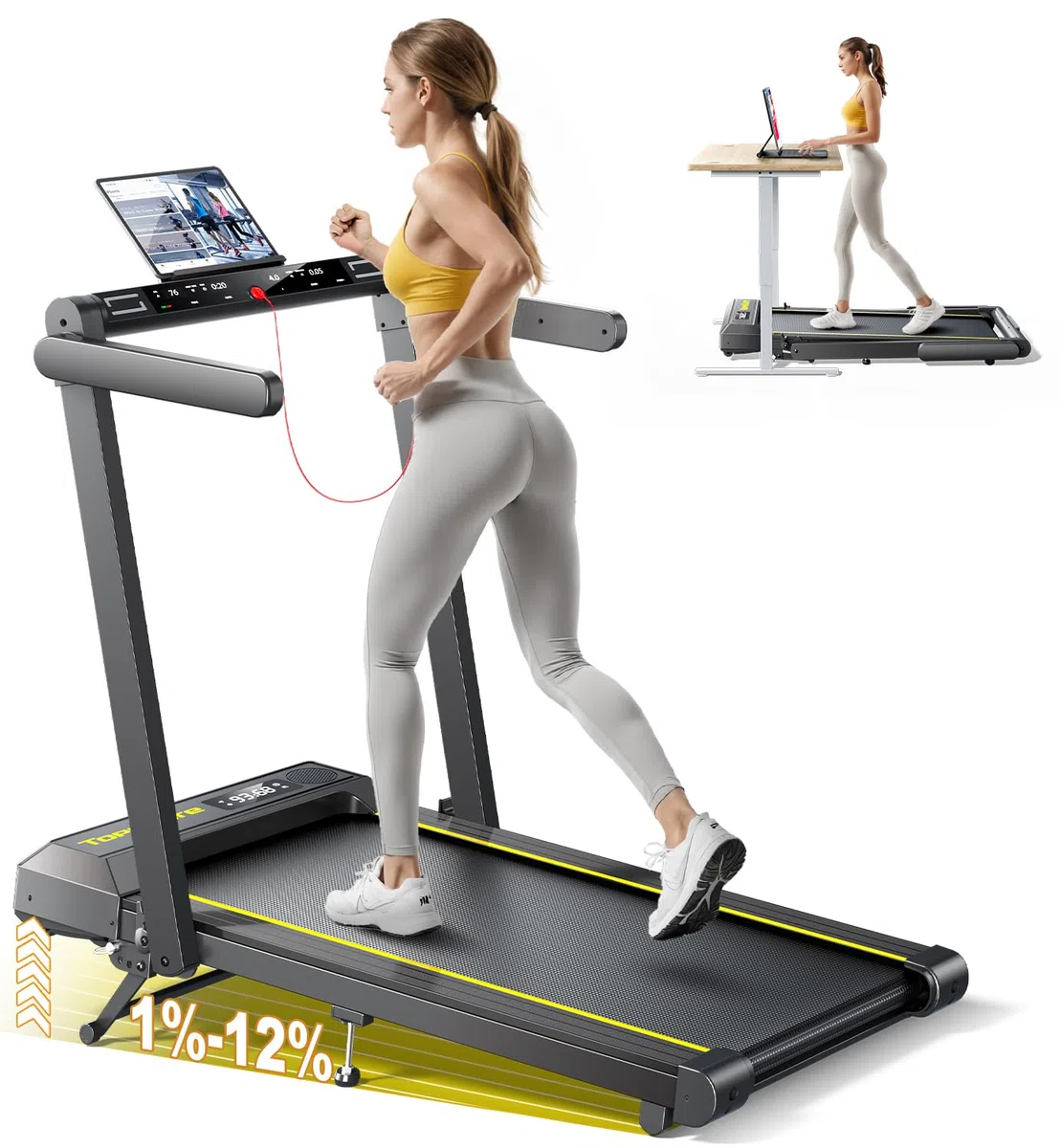 Tapis Roulant Elettrico Pieghevole 1-16km/h, Tapis Roulant con 12% Pendenza, Salvaspazio per Casa e Ufficio, Doppio Display LED, Cardiofrequenzimetro, 12 Programmi, APP e Telecomando