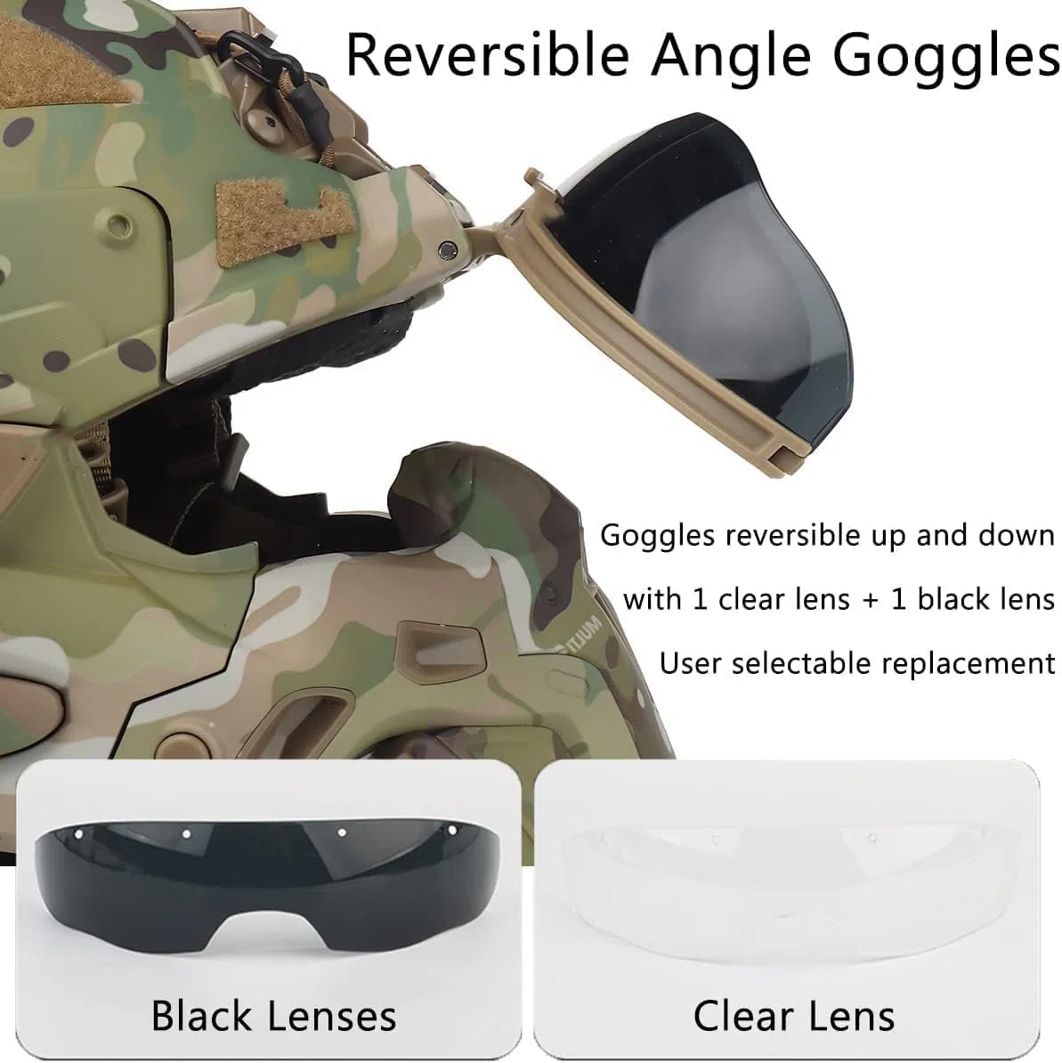 Casco tattico con cuffie rimovibili, ventola anti-appannamento e occhiali scorrevoli per attrezzatura paintball