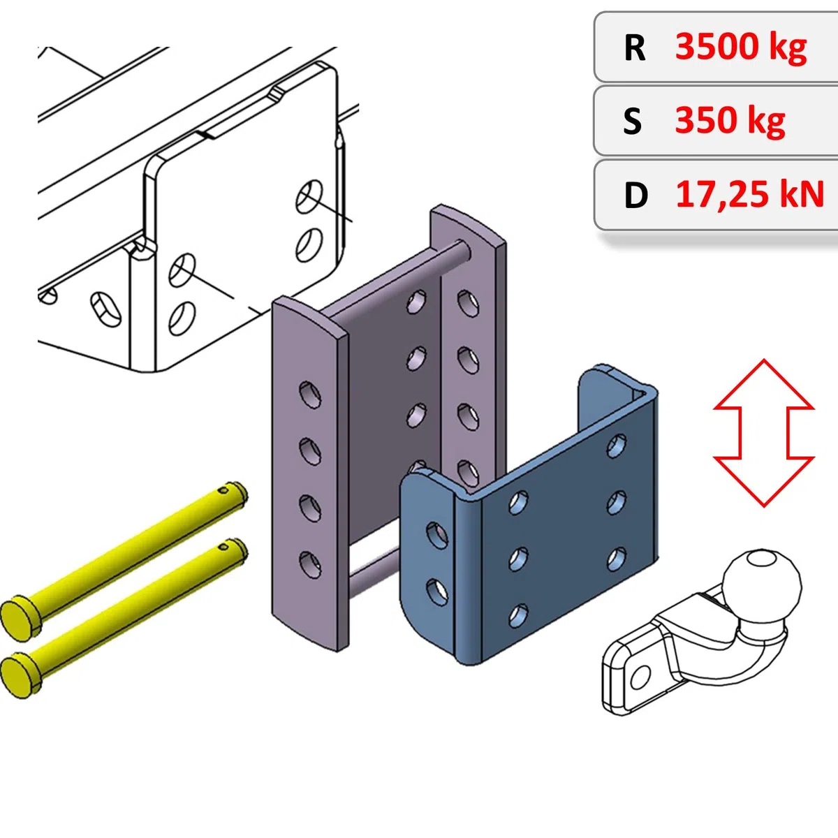 XIMPLIO Gancio universale regolabile in altezza – Regolazione dell'altezza della sfera con sistema di cambio AHK-Bock (per 2 fori 90 mm AHK, nero, 3 x 45 mm)