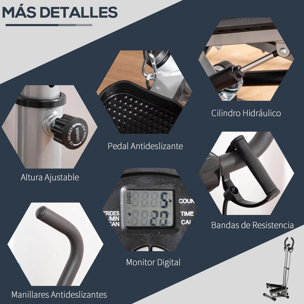 HOMCOM Stepper con Manubrio Regolabile, Impugnature Antiscivolo ed Elastici, Step Fitness con Monitor LCD per Casa e Palestr